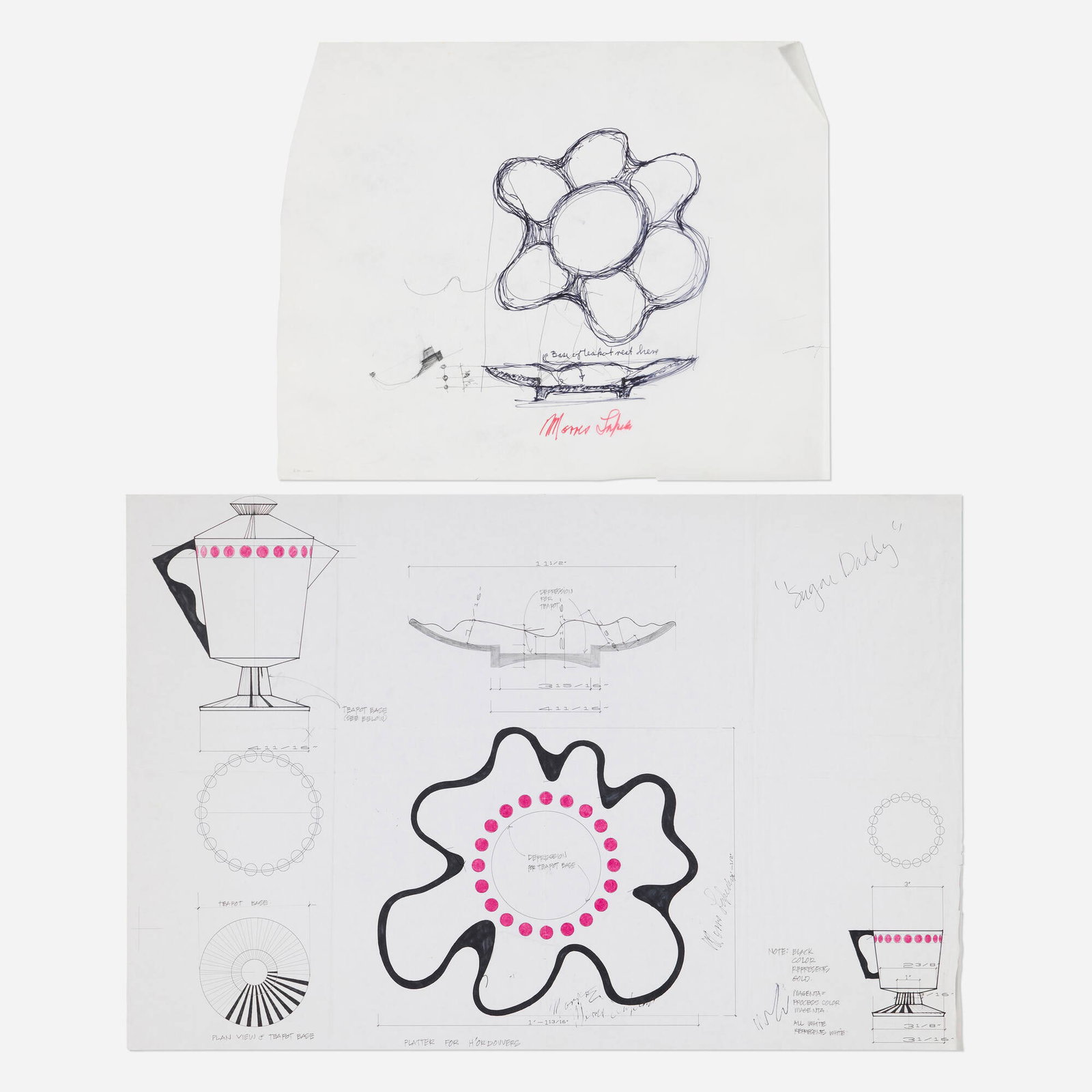 Morris Lapidus, Alessi design sketches (two works): Morris Lapidus Alessi design sketches (two works) c. 2000 pencil, ink, and marker on paper 18.875 h x 23.5 w in (48 x 60 cm) 23.875 h x 35.75 w in (61 x 91 cm) Signed and titled to right side of one