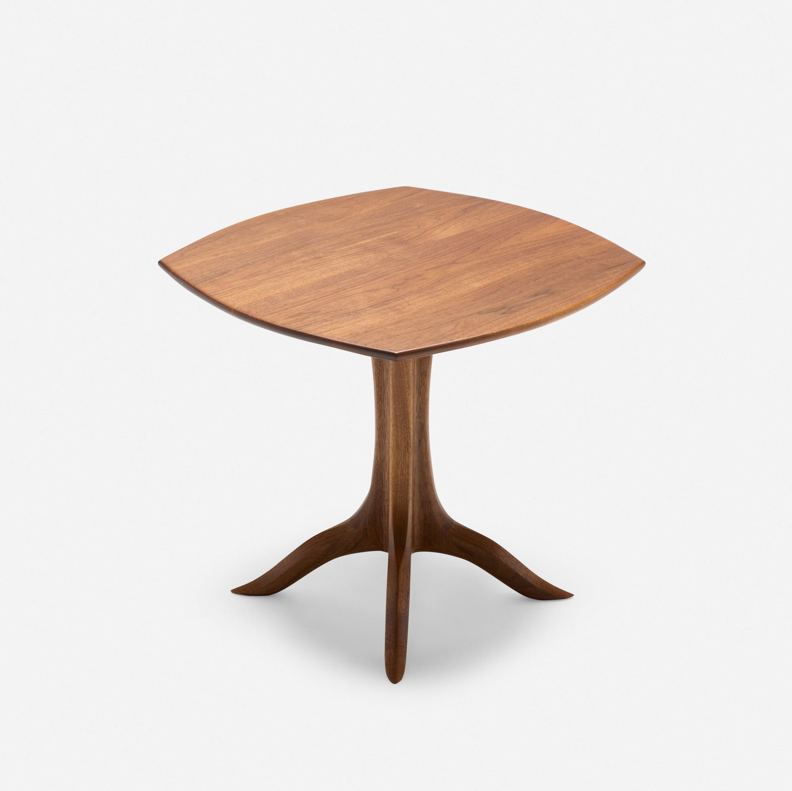 Sam Maloof, Occasional table: Sam Maloof Occasional table USA, 2004 walnut 22 h x 23.75 w x 23.5 d in (56 x 60 x 60 cm) Branded signature and date to underside 'No. 22 2004 Sam Maloof d.f.a. r.i.s.d. M.J. L.W. d.W.'.