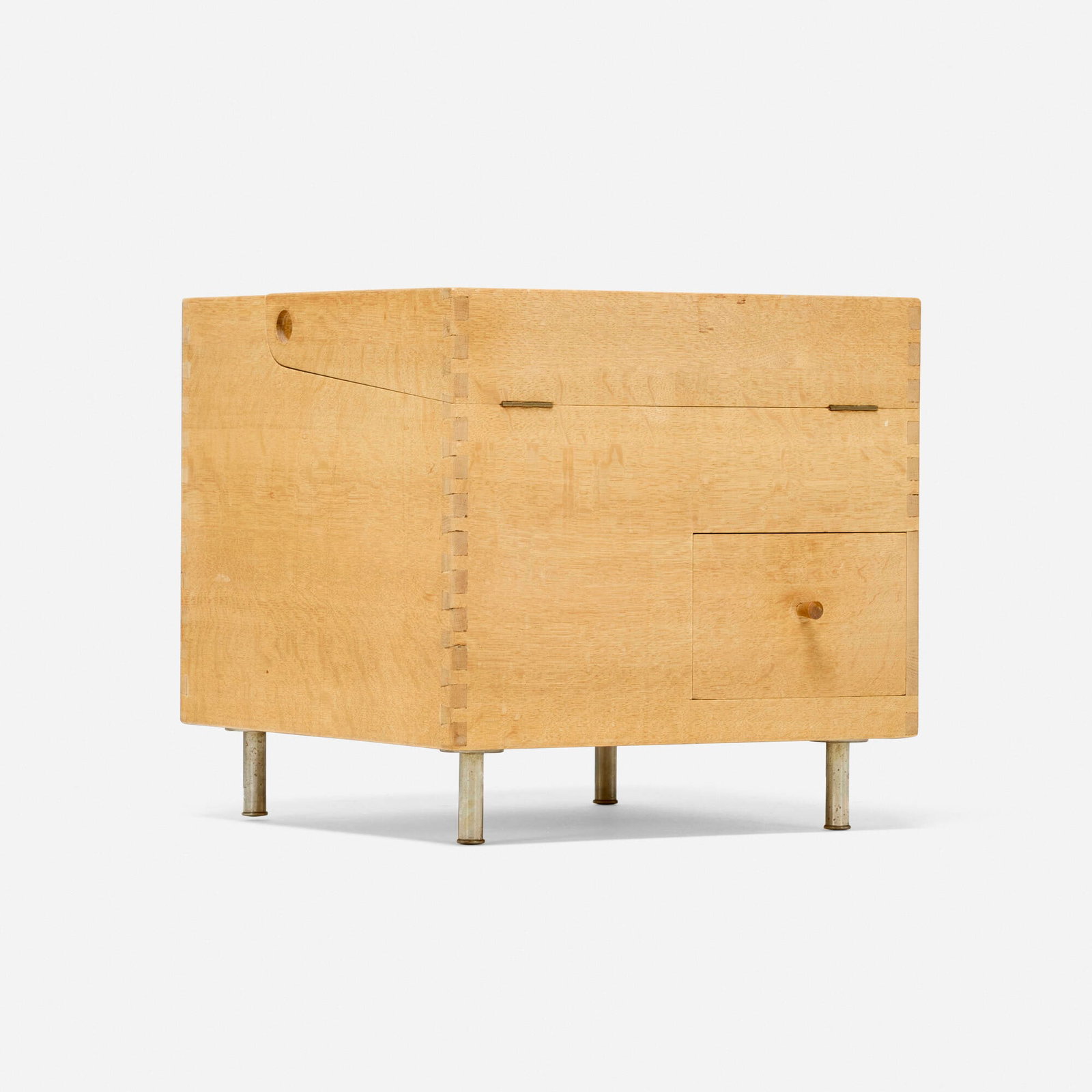 Hans J. Wegner, Cube bar: Hans J. Wegner Cube bar Andreas Tuck Denmark, c. 1960 oak, matte chrome-plated steel 19.5 h x 19.5 w x 20.5 d in (50 x 50 x 52 cm) Bar features one drawer and a flip-up top concealing storage.