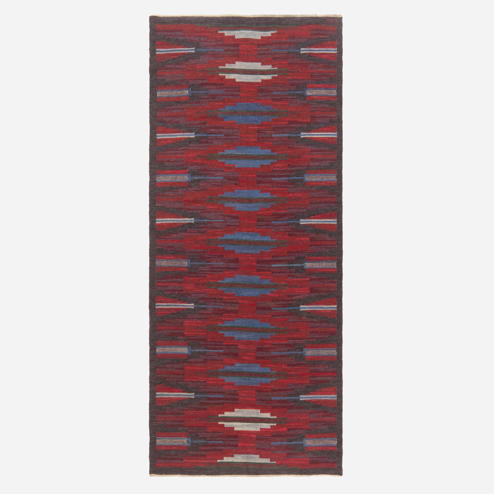 Sofia Widen, Flatweave carpet: Sofia Widen Flatweave carpet Sweden, c. 1950 hand-knotted wool 68 w x 156 l in (173 x 396 cm) Signed to lower right 'SW'. This work will ship from Lambertville, New Jersey.