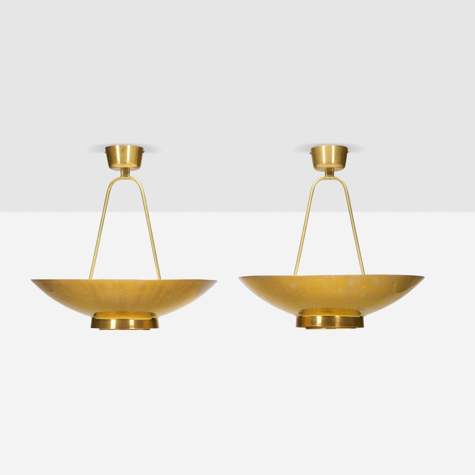 Paavo Tynell, Ceiling lamps, pair: Paavo Tynell Ceiling lamps, pair Taito Oy Finland, 1950-52 brass, frosted glass 20.75 h x 21.75 dia in (53 x 55 cm) Impressed manufacturer's mark to interior of each example 'Taito'.