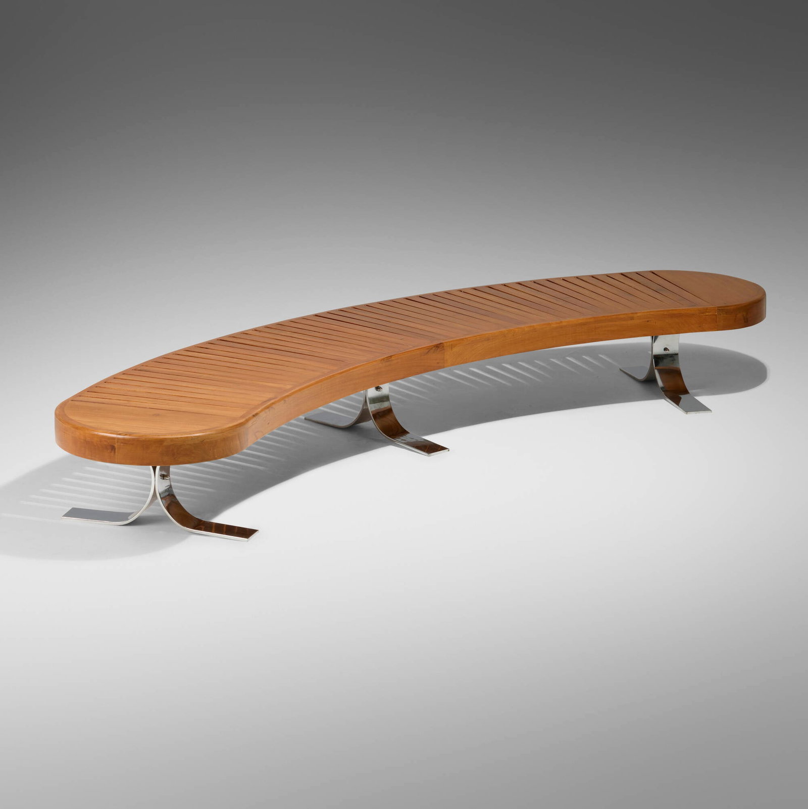 Martin Eisler and Carlo Hauner, Curved bench: Martin Eisler and Carlo Hauner Curved bench Forma Austria/Italy, c. 1965 cherry, chrome-plated steel 14.75 h x 120.5 w x 35 d in (37 x 306 x 89 cm) This work will ship from Lambertville, New Jersey.
