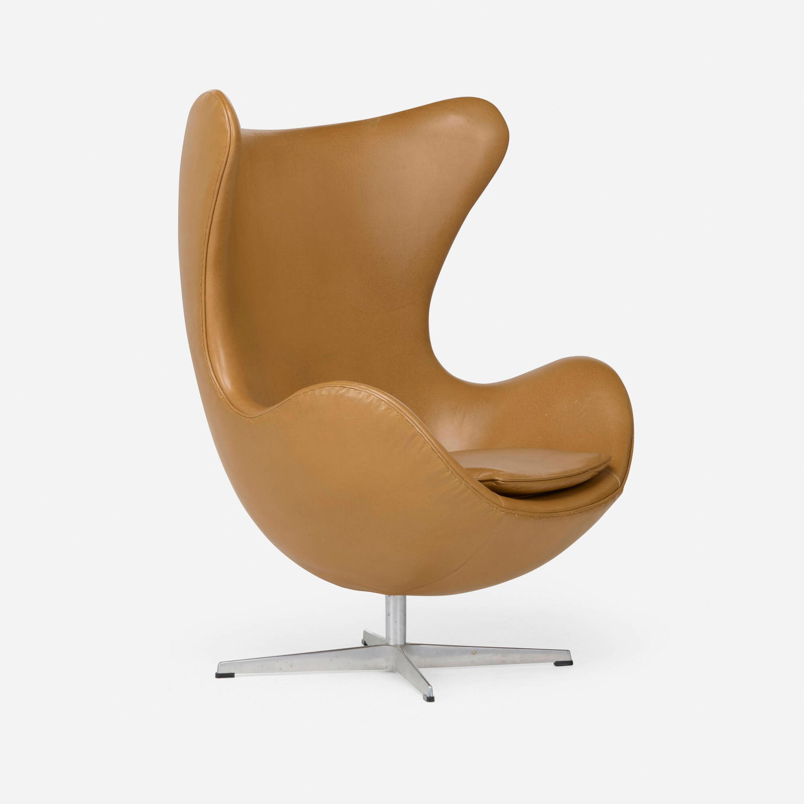 Arne Jacobsen, Egg chair: Arne Jacobsen Egg chair Fritz Hansen Denmark, 1958 / c. 1970 leather upholstery, aluminum, brushed steel, plastic 42 h x 35.25 w x 28 d in (107 x 90 x 71 cm) Literature: Arne Jacobsen, Thau and