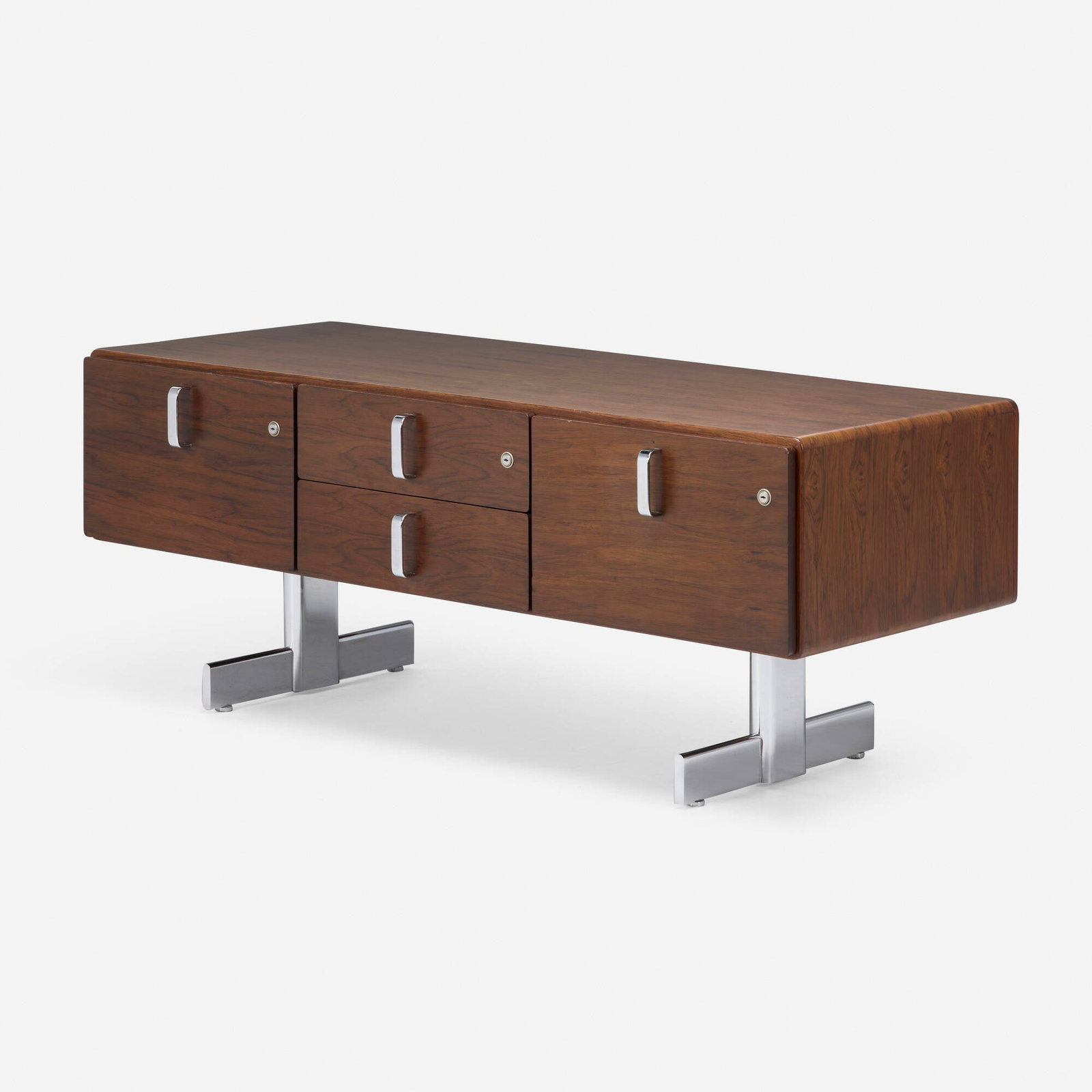 Trevor Chinn and Ray Leigh, Cabinet: Trevor Chinn and Ray Leigh Cabinet Gordon Russell United Kingdom c. 1975 mahogany, chrome-plated steel 23.75 h x 59 w x 26.5 d in (60 x 150 x 67 cm) Cabinet features four drawers, three with locks.