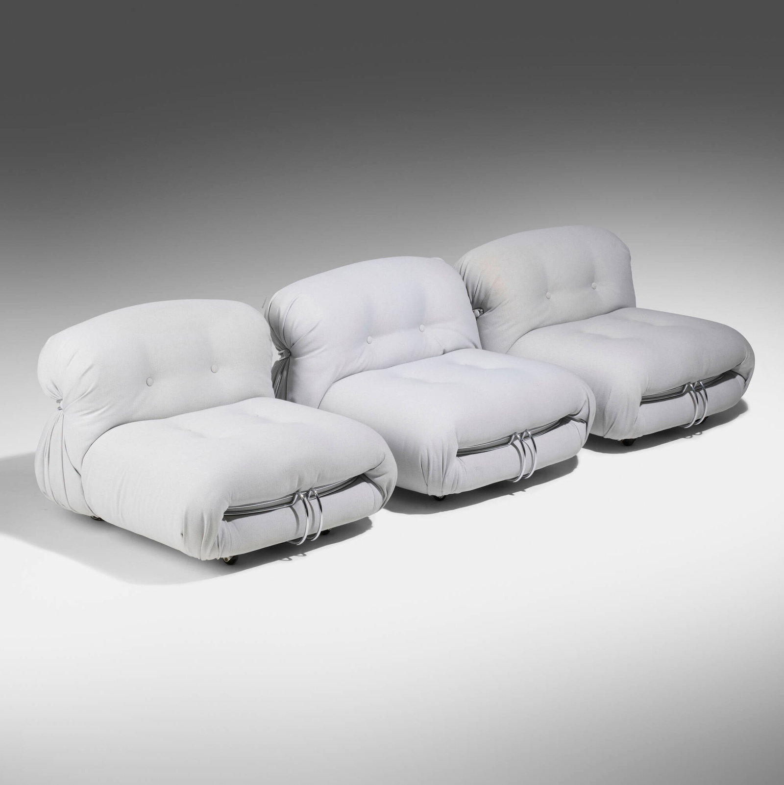 Afra and Tobia Scarpa, Soriana lounge chairs, set of three: Afra and Tobia Scarpa Soriana lounge chairs, set of three Cassina Italy, 1970 / c. 1975 Kvadrat Steelcut Trio upholstery, chrome-plated steel 27.5 h x 34 w x 36 d in (70 x 86 x 91 cm) Paper