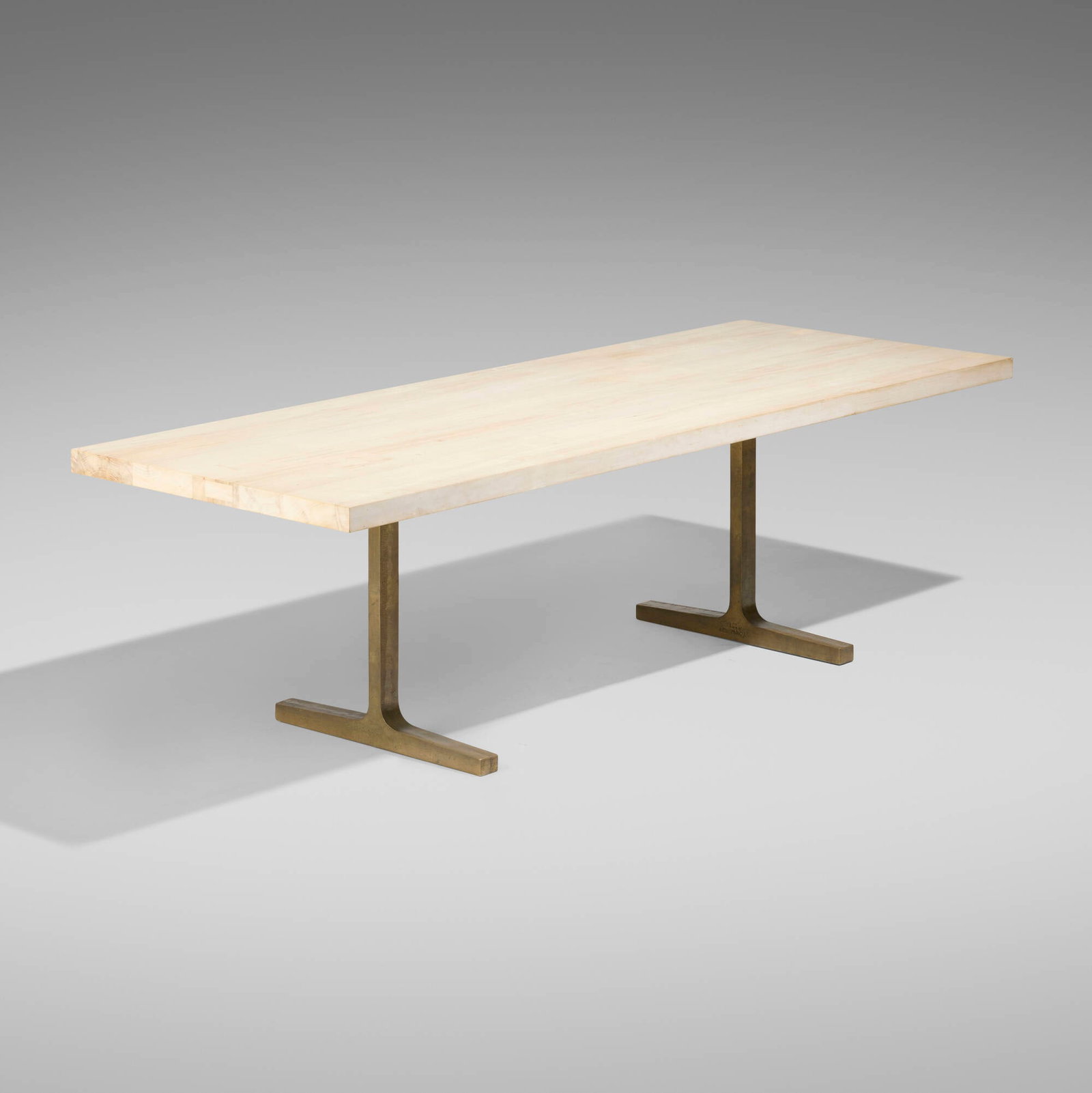 Tyler Hays, Bronze Trestle dining table: Tyler Hays Bronze Trestle dining table BDDW USA, 2001 / 2015 bleached maple, bronze 29.75 h x 95.75 w x 35.75 d in (76 x 243 x 91 cm) Branded manufacturer's mark to underside of top &