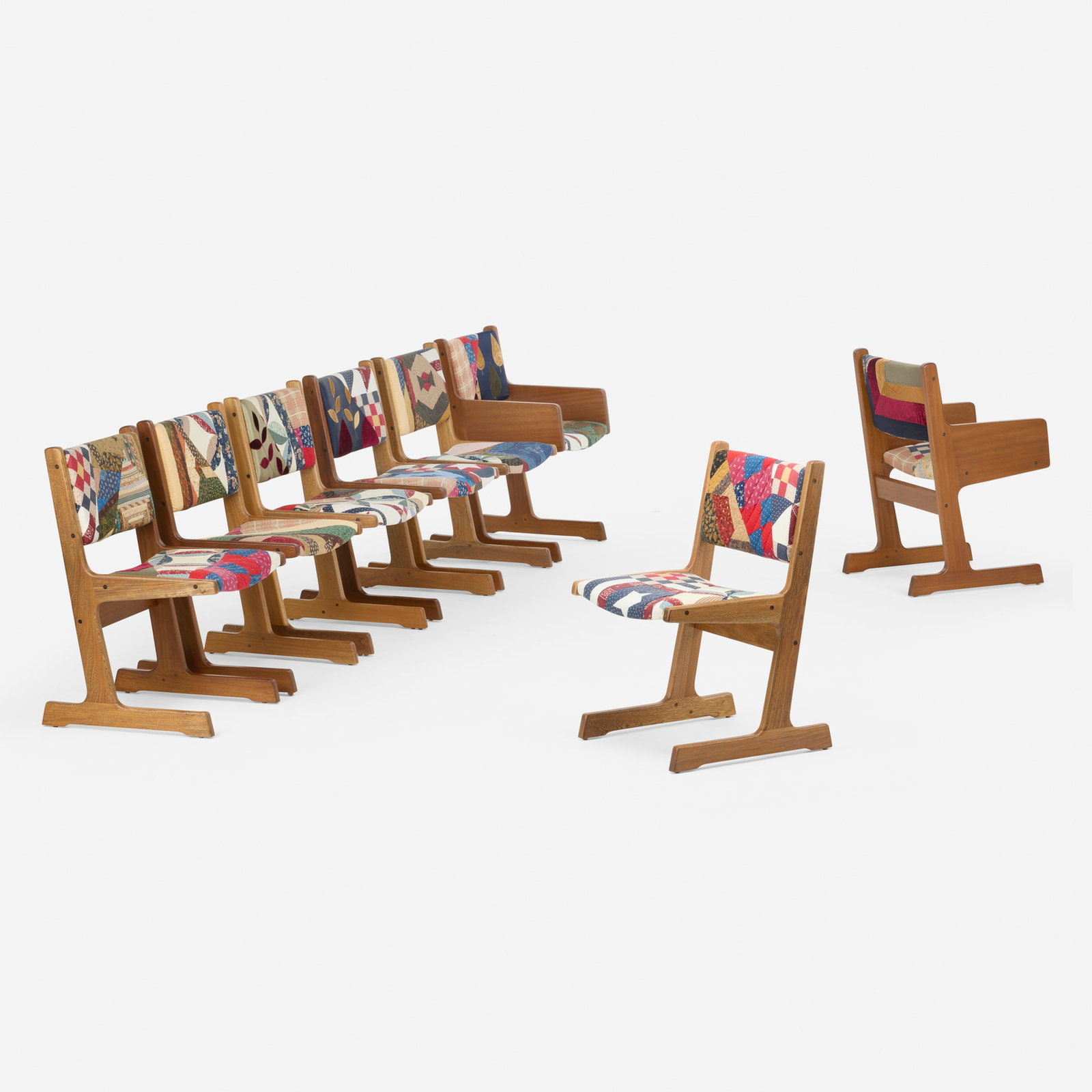 Darren Romanelli, DRx Quilted Dining Chairs, set of eight: Darren Romanelli DRx Quilted Dining Chairs, set of eight USA, c. 2022 upholstered quilts, African teak 33.5 h x 20 w x 24 d in (85 x 51 x 61 cm) Provenance: Private Collection This work will ship