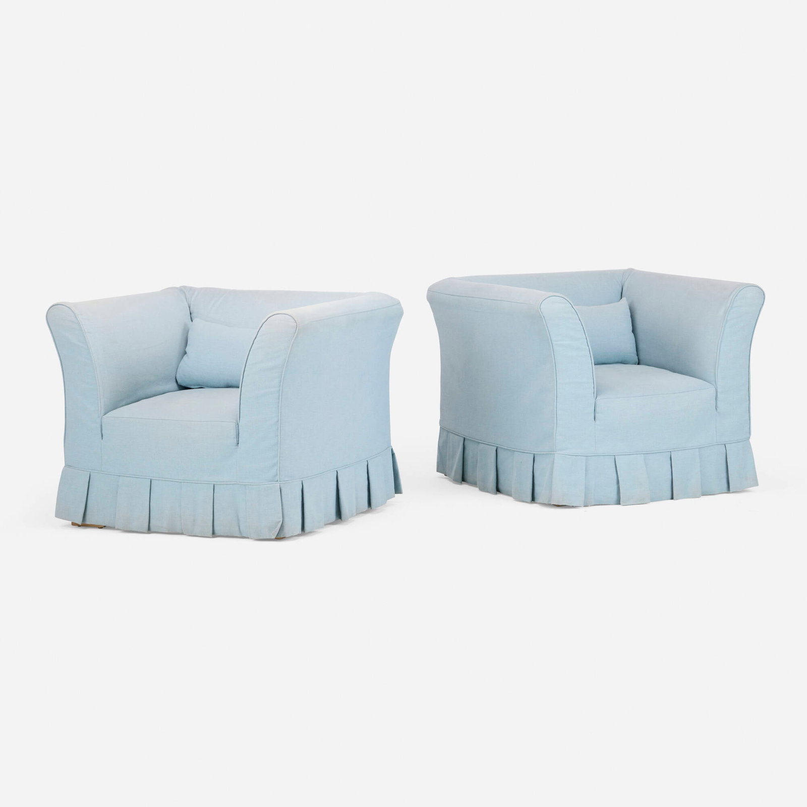 Colin King, Enveloppe chairs, pair: Colin King Enveloppe chairs, pair The Future Perfect USA, 2023 upholstery 29 h x 37.5 w x 39 d in (74 x 95 x 99 cm) This work will ship from Lambertville, New Jersey.