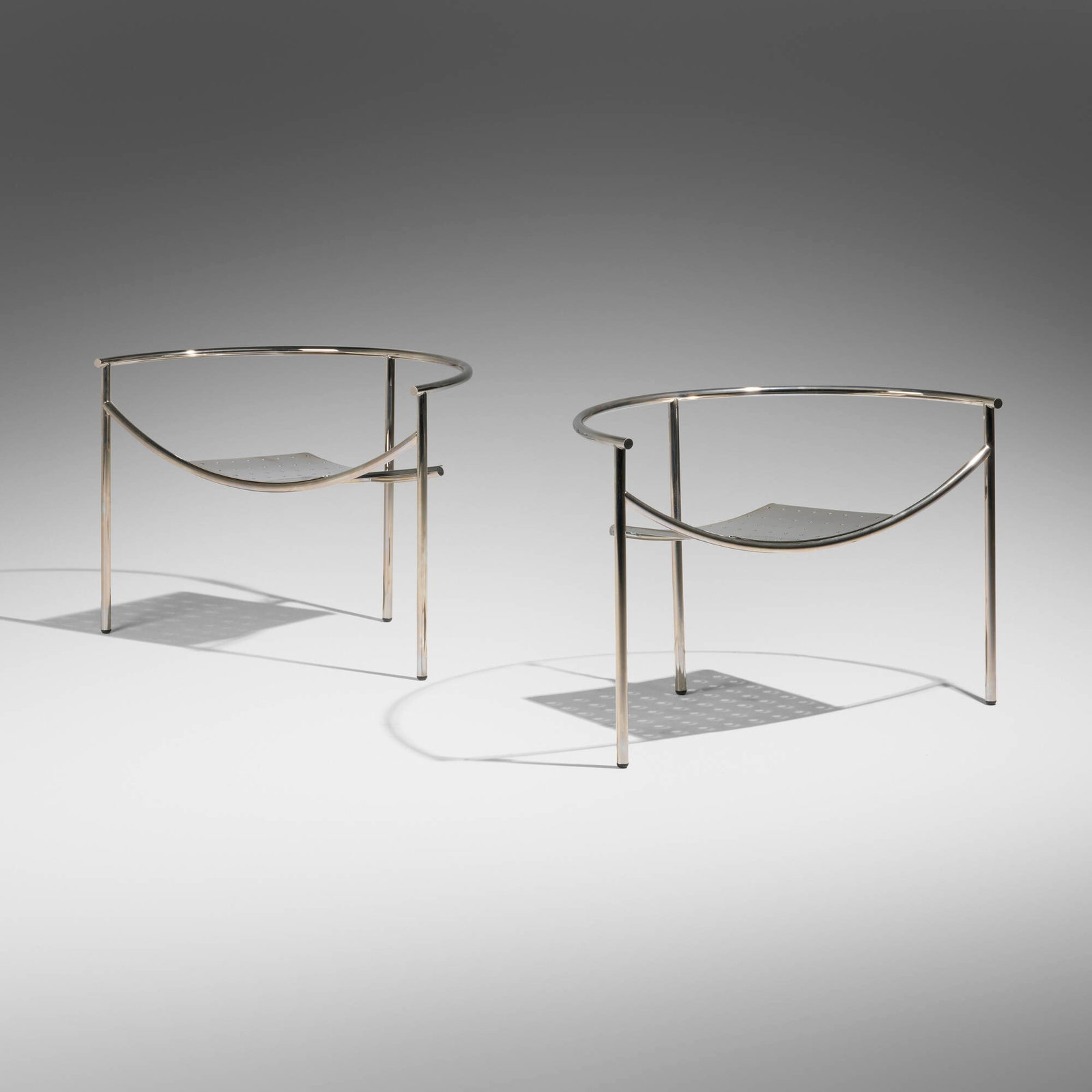 Philippe Starck, Dr. Sonderbar chairs, pair: Philippe Starck Dr. Sonderbar chairs, pair XO France, 1983 chrome-plated steel 25 h x 35.5 w x 18.25 d in (63 x 90 x 46 cm) Impressed manufacturer's mark to each example 'XO'.