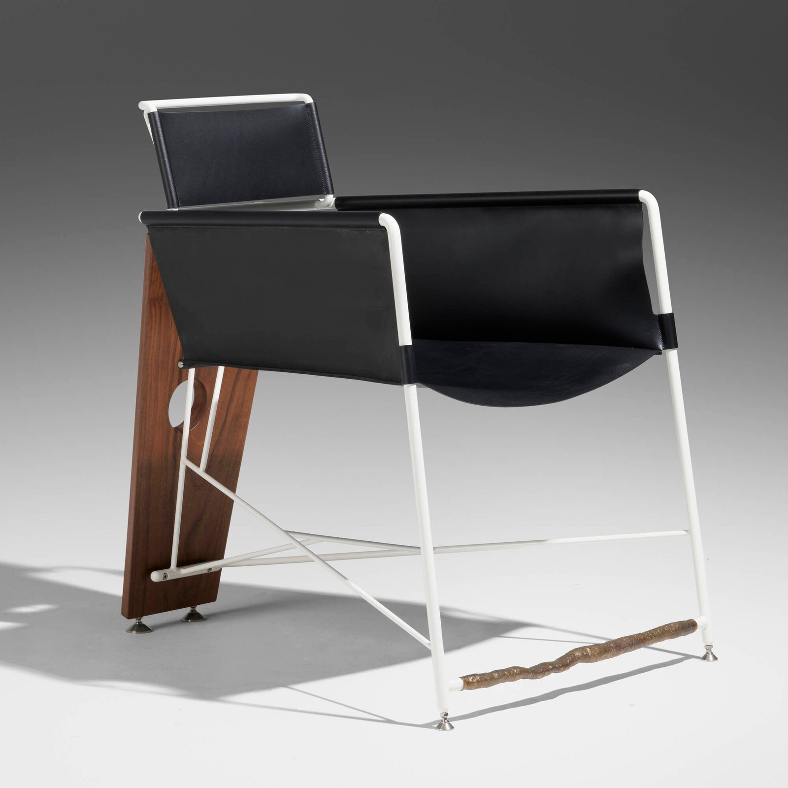 Jonathan Trayte, Bully Choop chair: Jonathan Trayte Bully Choop chair United Kingdom, c. 2019 powder-coated steel, stainless steel, leather, bronze, walnut 31.25 h x 23 w x 32 d in (79 x 58 x 81 cm) Stenciled number to underside