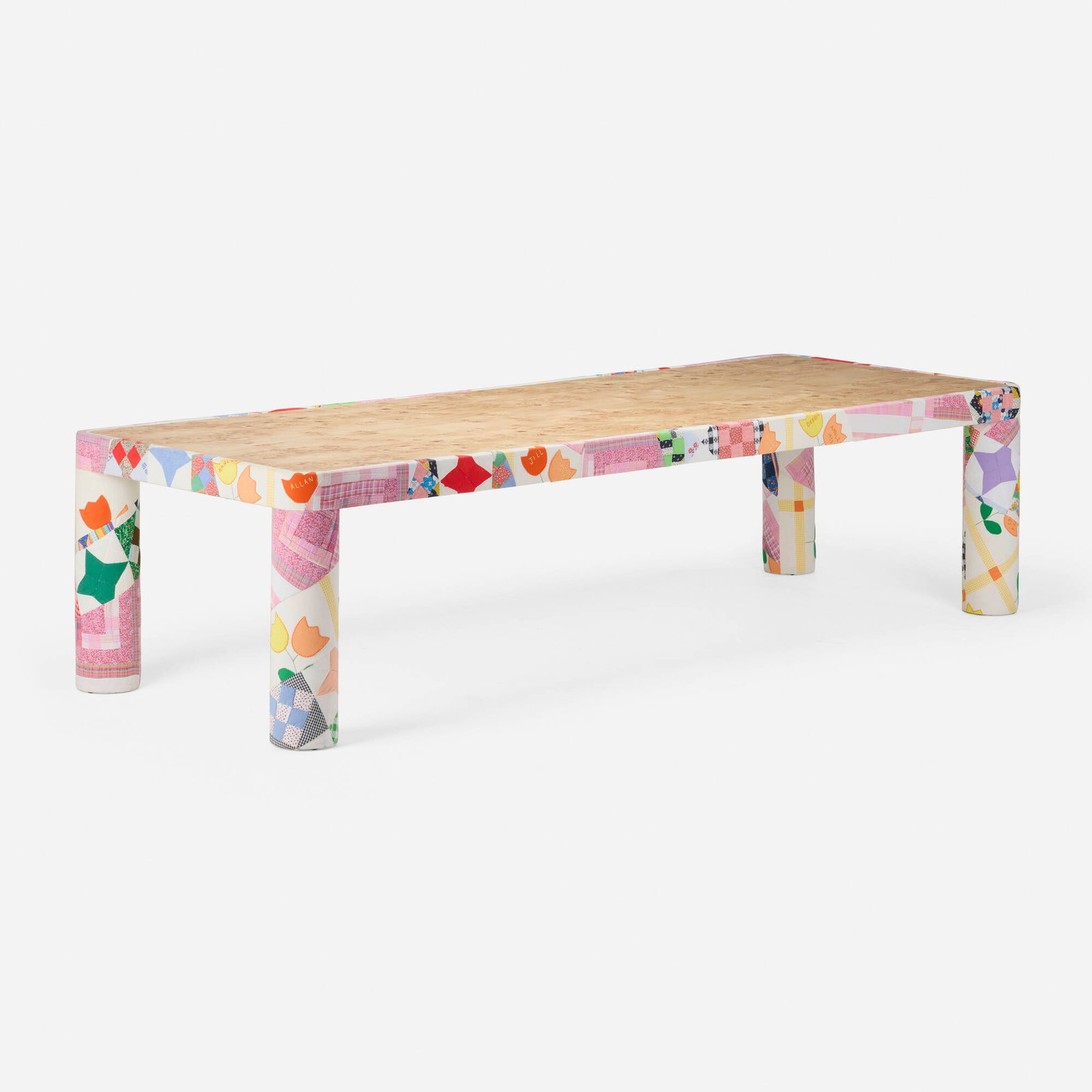 Darren Romanelli, DRx Quilted Dining Table: Darren Romanelli DRx Quilted Dining Table USA, c. 2022 upholstered quilts, maple burl 30 h x 120 w x 44 d in (76 x 305 x 112 cm) Provenance: Private Collection This work will ship from Lambertville,