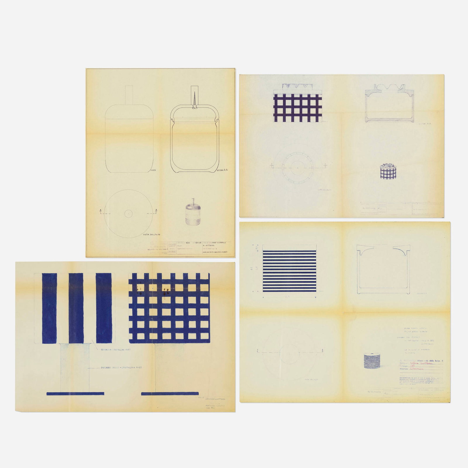 Ettore Sottsass, Four works: Ettore Sottsass Four works blueprints sight (largest): 15.875 h x 19.625 w in (40 x 50 cm) sight (smallest): 17.75 h x 14 w in (45 x 36 cm) Lot is comprised of four blueprint designs including three