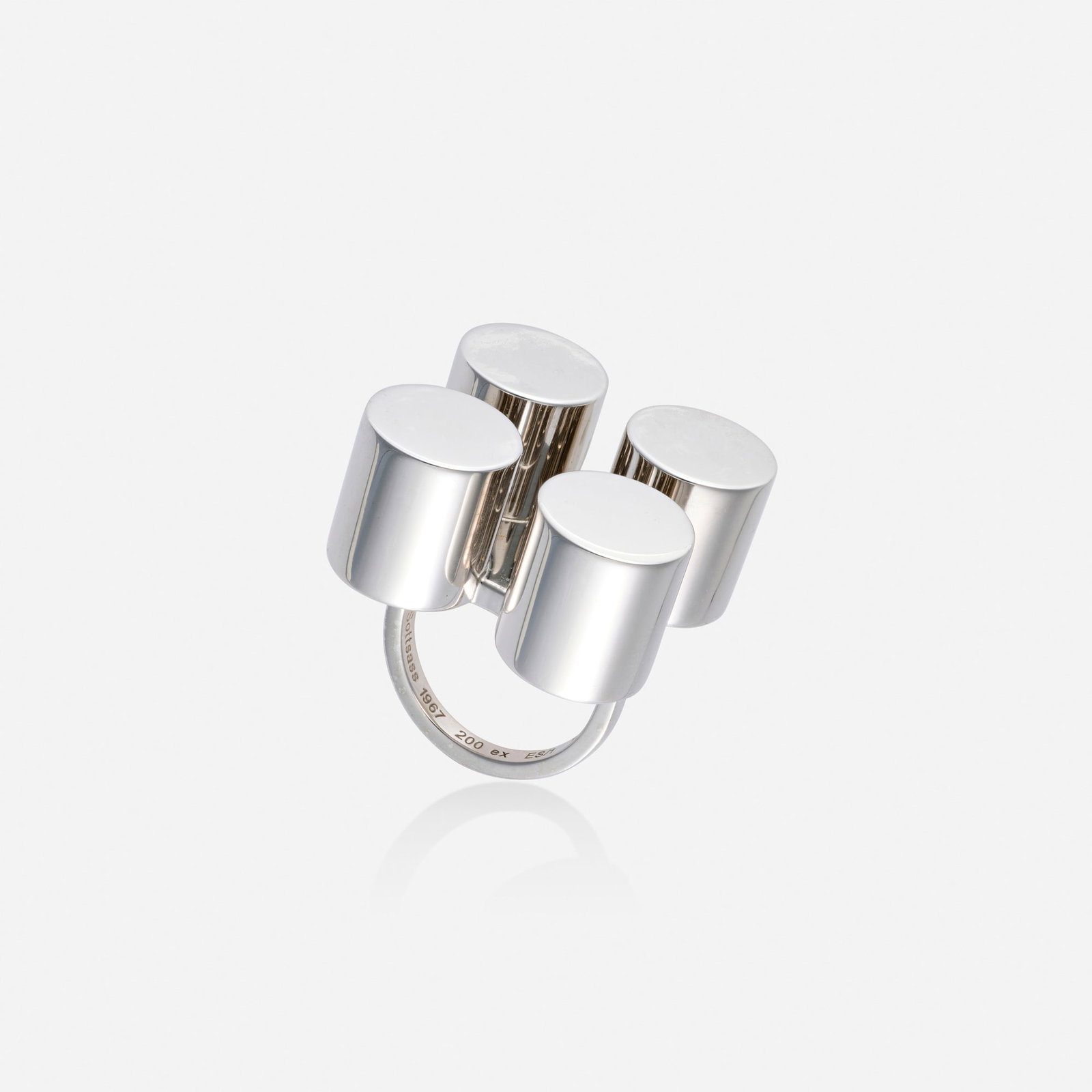Ettore Sottsass, ES1 ring: Ettore Sottsass ES1 ring GEM Montebello Italy, 1967 rhodium-treated sterling silver 1.5 h x 1.25 w x 1.25 d in (4 x 3 x 3 cm) An example of this design is in the permanent collection of the Museum of