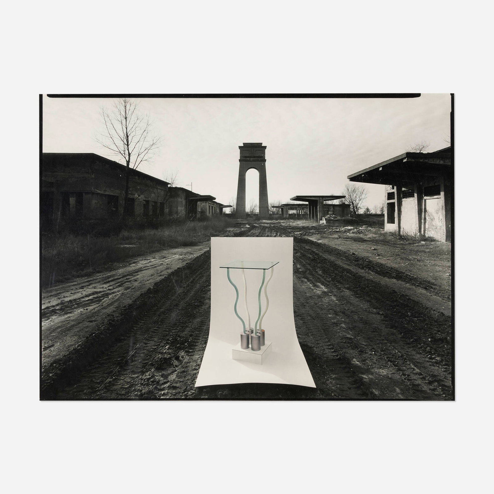 Ettore Sottsass, La Strutture Tremano: Ettore Sottsass La Strutture Tremano 1981 / printed later gelatin silver print mounted to board image: 14 h x 18.625 w in (36 x 47 cm) board: 20 h x 24 w in (51 x 61 cm) Titled, dated and inscribed
