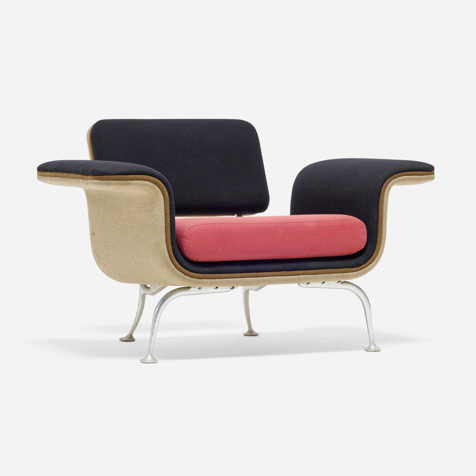 Alexander Girard, Lounge chair, model 66310: Alexander Girard Lounge chair, model 66310 Herman Miller USA, 1967 upholstery, aluminum 25.5 h x 40.5 w x 28 d in (65 x 103 x 71 cm) Metal label to underside 'Braniff International Ai