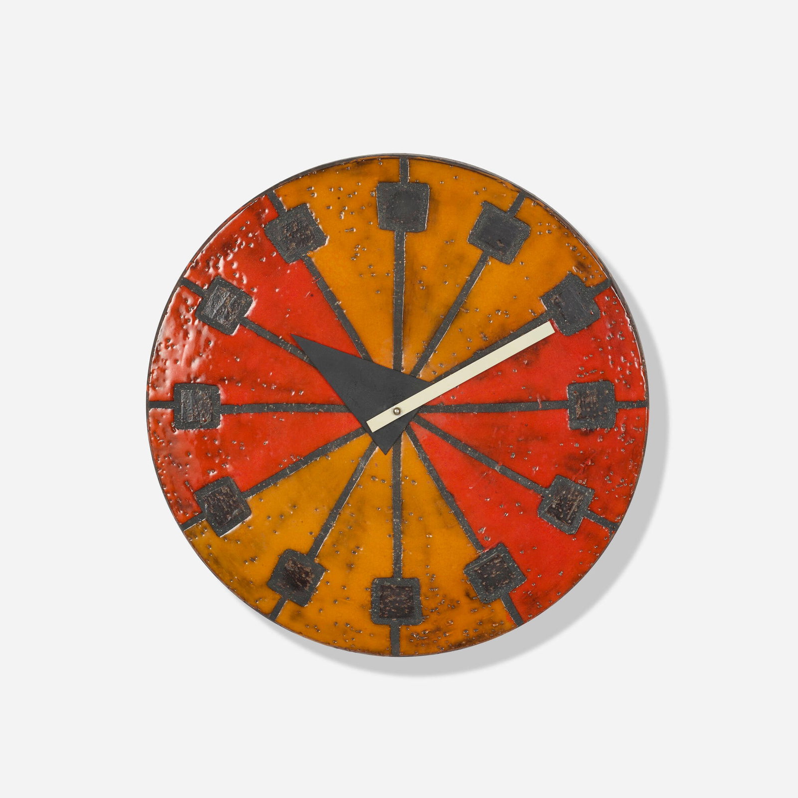 George Nelson & Associates, Meridian wall clock, model 7542: George Nelson & Associates Meridian wall clock, model 7542 Howard Miller Clock Company USA, c. 1965 glazed stoneware, enameled aluminum 2.5 d x 14 dia in (6 x 36 cm) Stamped manufacturer's mark to rev