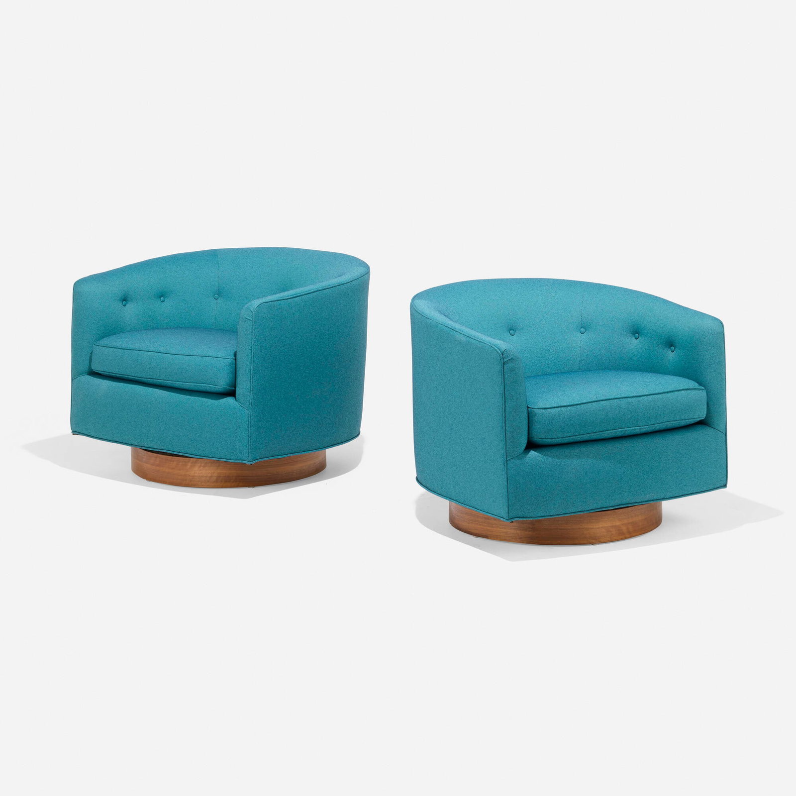 Milo Baughman, Swivel lounge chairs, pair: Milo Baughman Swivel lounge chairs, pair Thayer Coggin USA, c. 1960 Knoll Aegean Hourglass upholstery, walnut veneer 24.5 h x 30.5 w x 30.5 d in (62 x 77 x 77 cm) This work will ship from