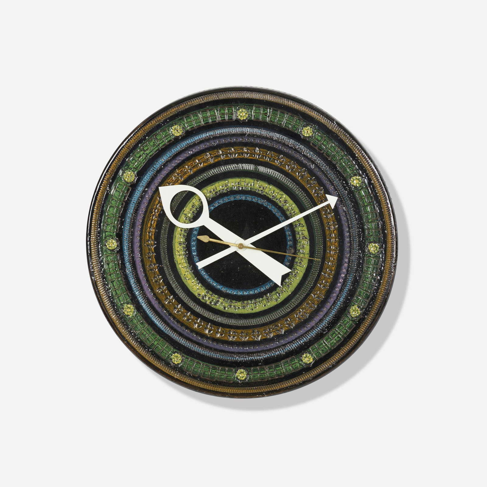 George Nelson & Associates, Meridian wall clock, model 7590: George Nelson & Associates Meridian wall clock, model 7590 Howard Miller Clock Company USA, c. 1965 glazed stoneware, enameled aluminum, brass 2.5 d x 14.25 dia in (6 x 36 cm) Paper manufacturer's lab