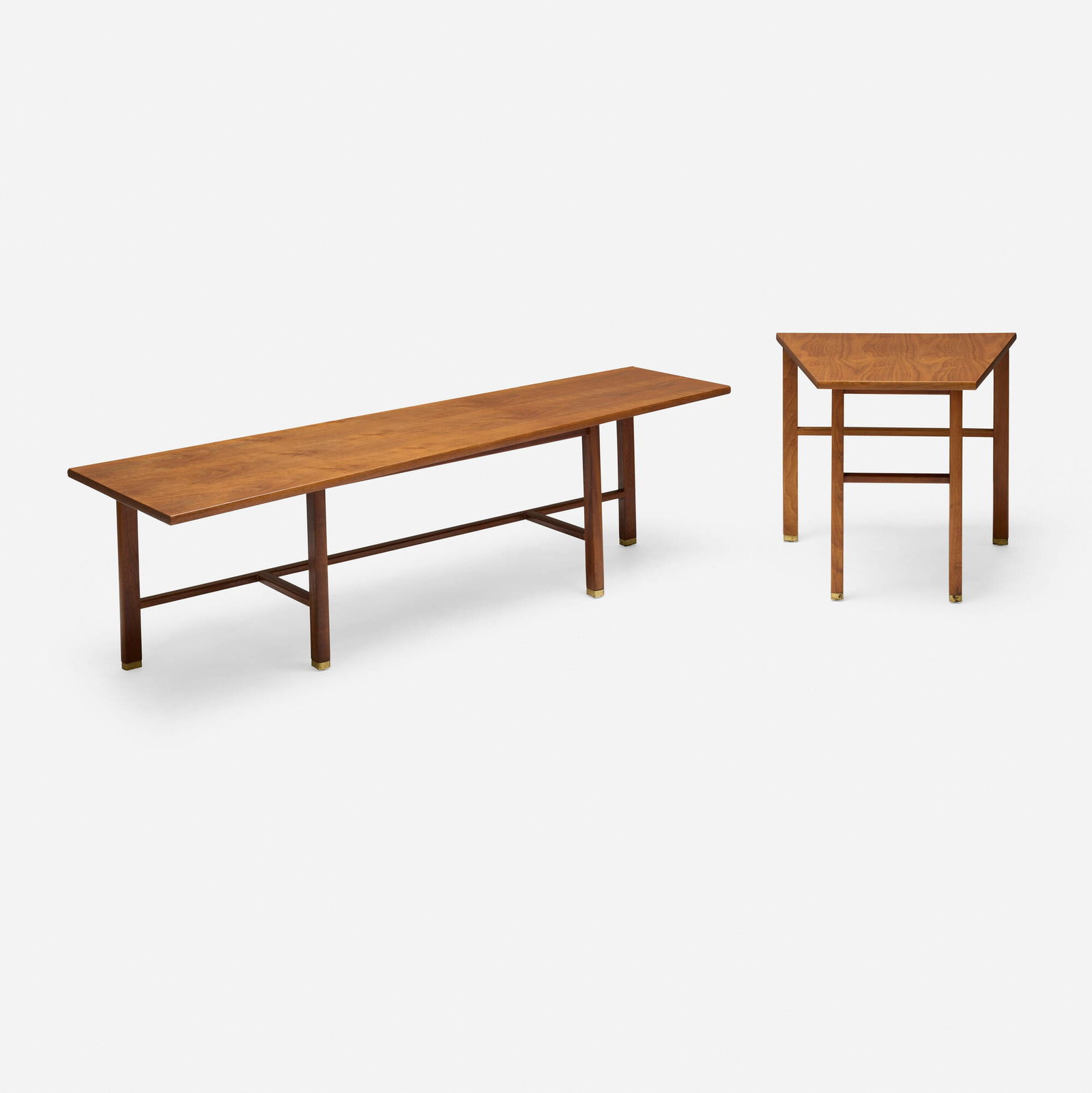Edward Wormley, Coffee table and occasional table: Edward Wormley Coffee table and occasional table Dunbar USA, c. 1957 walnut, brass 18.5 h x 60.25 w x 21.75 d in (47 x 153 x 55 cm) 22 h x 24 w x 24 d in (56 x 61 x 61 cm) Brass manufacturer's