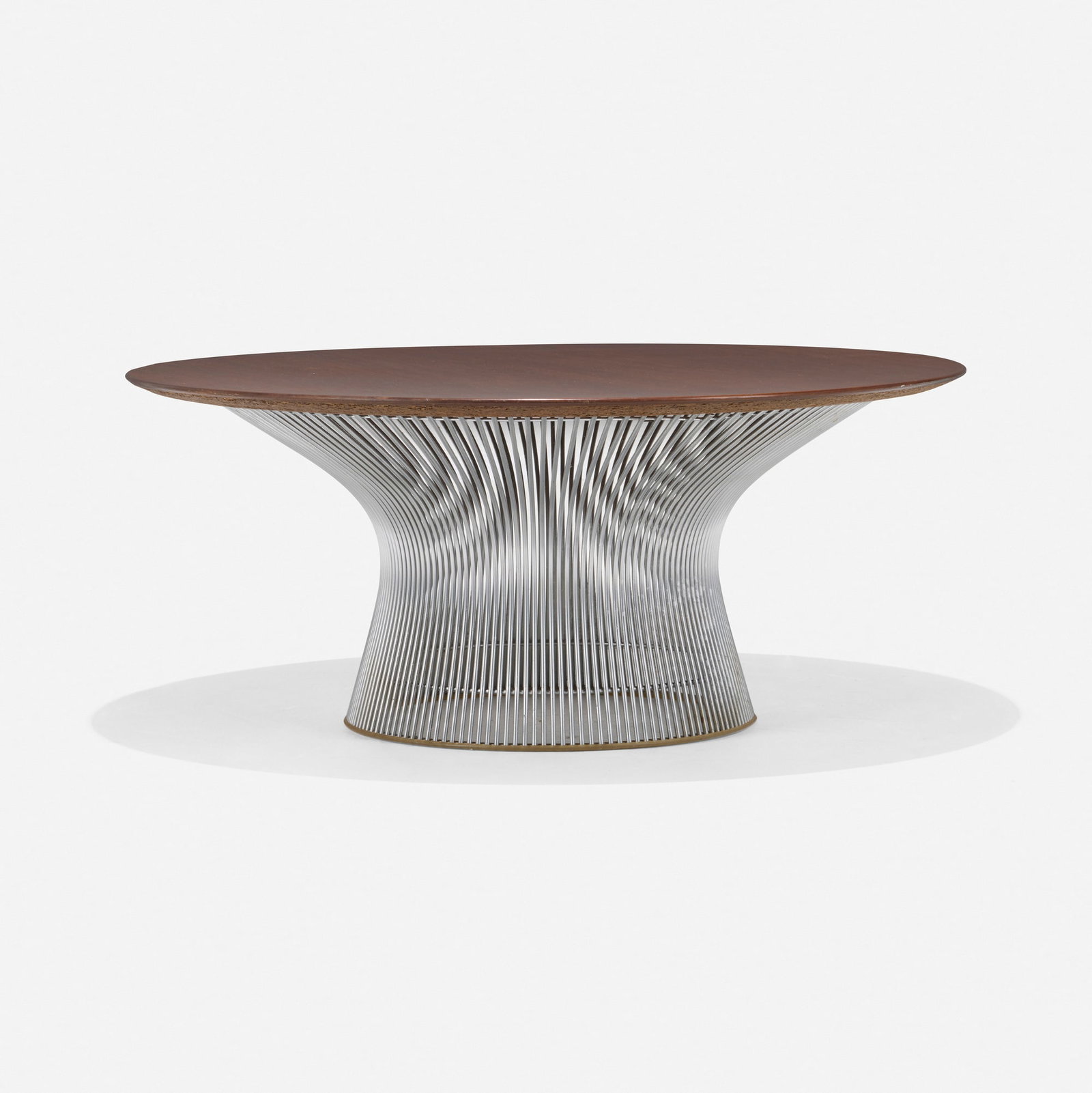 Warren Platner, Coffee table: Warren Platner Coffee table Knoll Associates USA, 1966 walnut wood veneer, plated steel, plastic 15.25 h x 36 dia in (39 x 91 cm) Literature: Ten by Warren Platner, Platner, ppg. 76, 164 Knoll: A