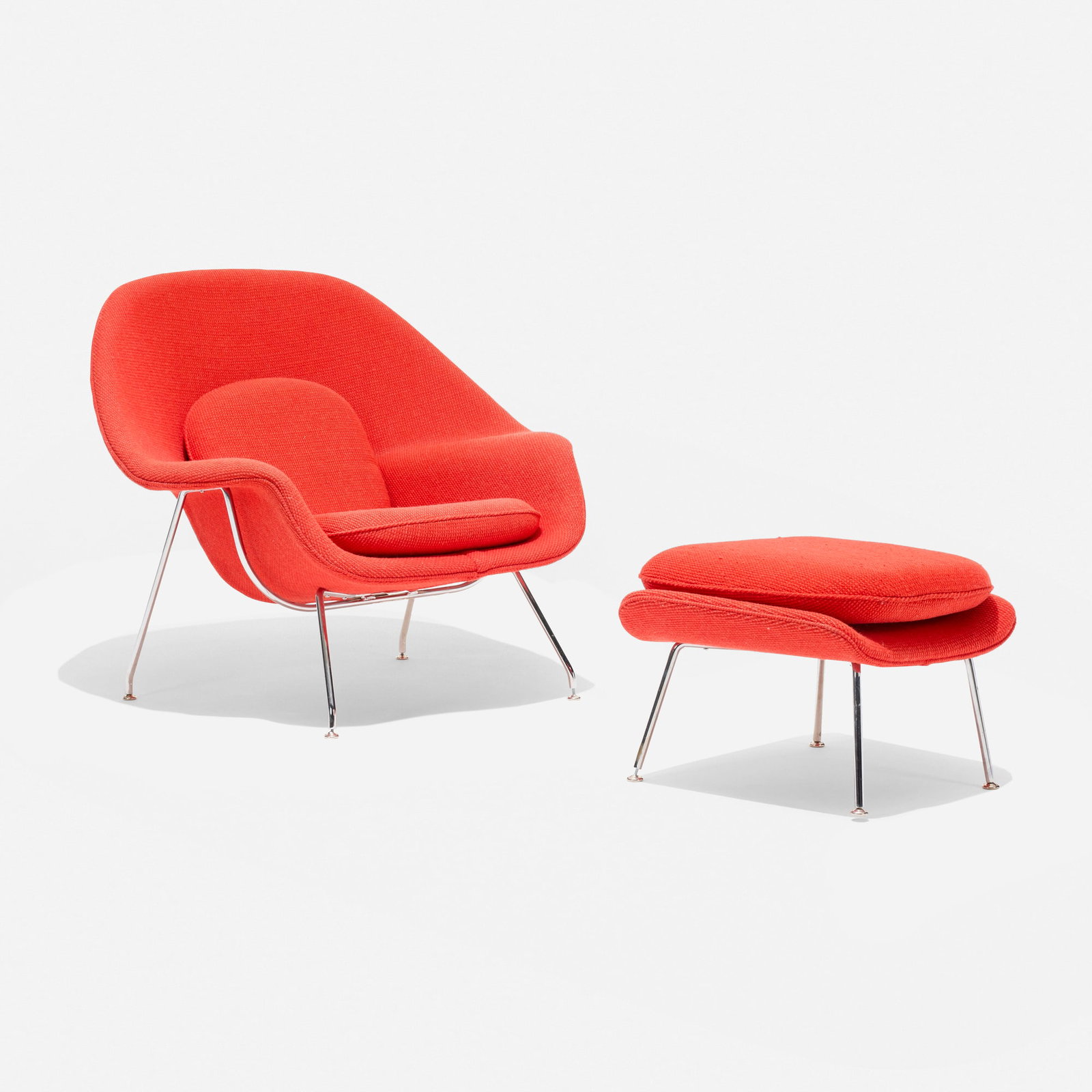 Eero Saarinen, Womb chair and ottoman: Eero Saarinen Womb chair and ottoman KnollStudio USA, 1949 / c. 2010 upholstery, chrome-plated steel chair: 35.5 h x 39.5 w x 34 d in (90 x 100 x 86 cm) ottoman: 16 h x 16 w x 19.5 d in (41 x 41 x 50
