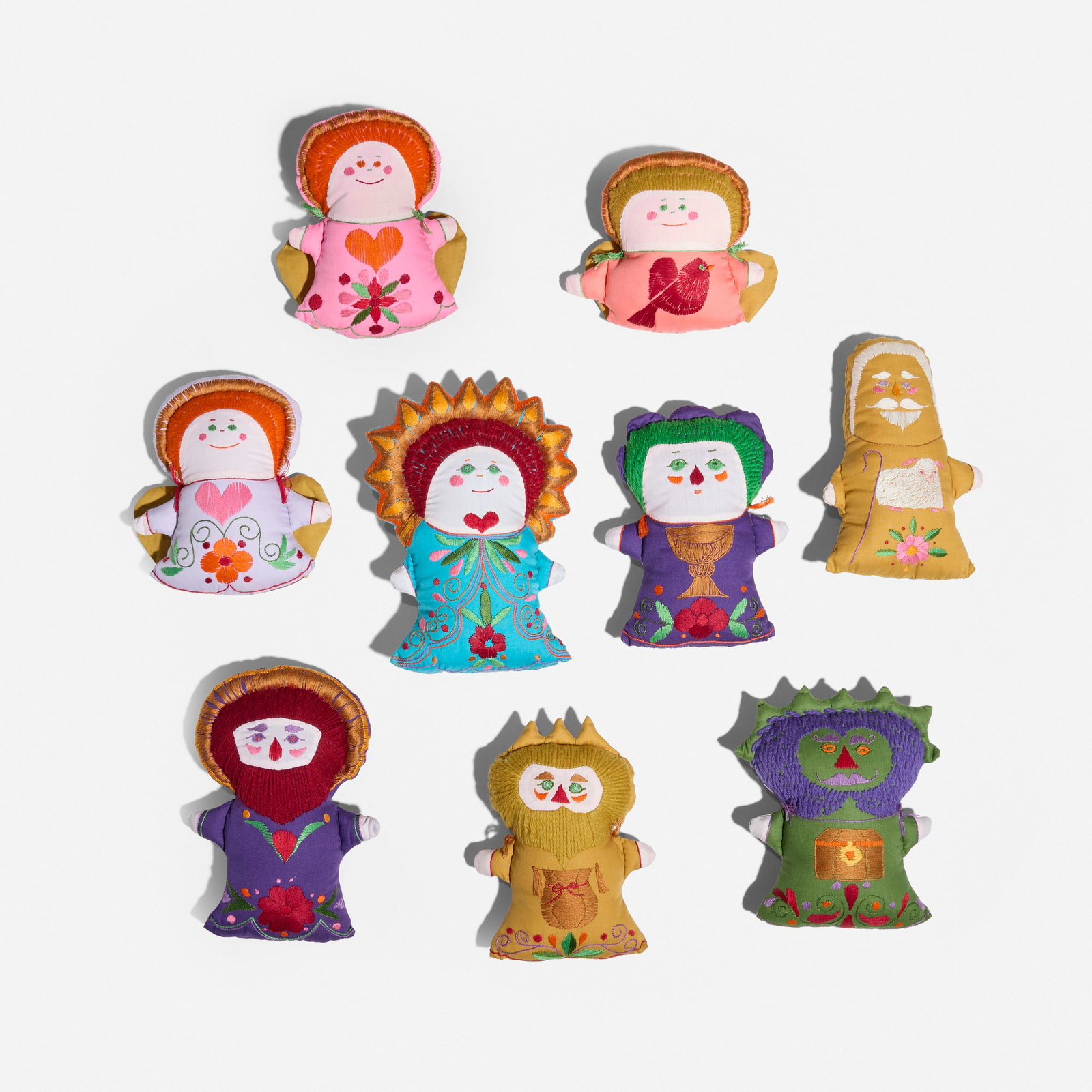 After Marilyn Neuhart, Collection of nine Nativity Creche dolls: After Marilyn Neuhart Collection of nine Nativity Creche dolls c. 1966 cotton, wool, linen, silk largest: 8.5 h x 6 w x 2.5 d in (22 x 15 x 6 cm) smallest: 6 h x 6 w x 2.5 d in (15 x 15 x 6 cm) In