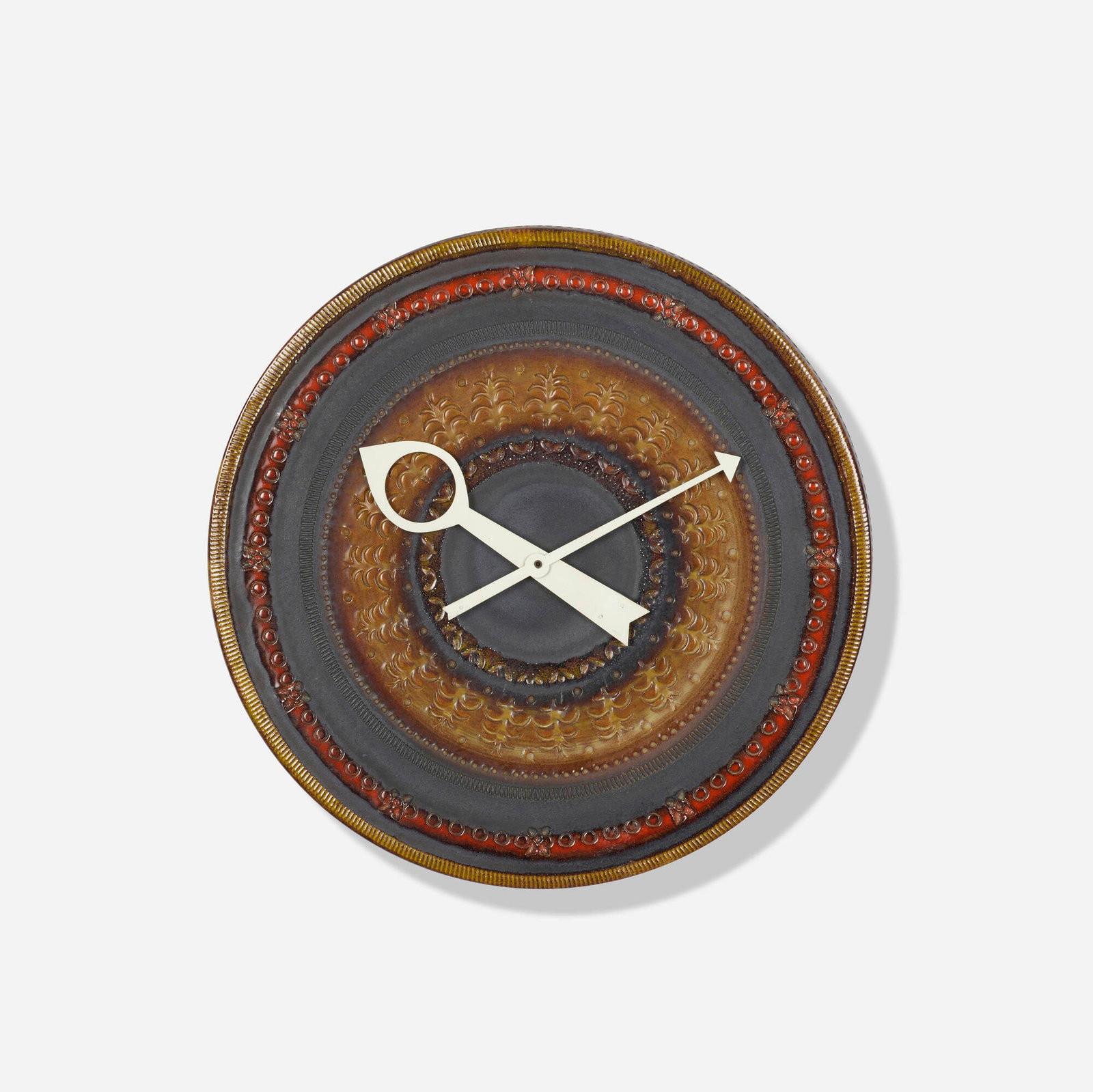 George Nelson & Associates, Meridian wall clock: George Nelson & Associates Meridian wall clock Howard Miller Clock Company USA, c. 1965 glazed stoneware, enameled aluminum 2.5 d x 14.25 dia in (6 x 36 cm) Paper manufacturer's label to reverse 'Meri