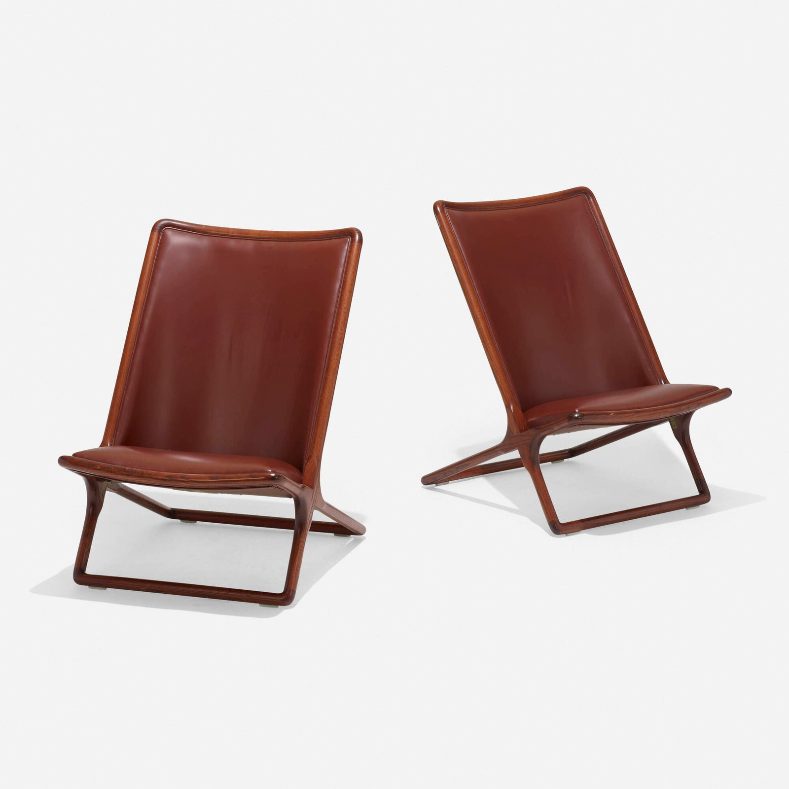 Ward Bennett, Scissor chairs, pair: Ward Bennett Scissor chairs, pair Brickel Associates Inc. USA, 1968 ash, leather 34.5 h x 24.25 w x 29 d in (88 x 62 x 74 cm) Paper manufacturer's label to underside of each example 'Brickel Asso