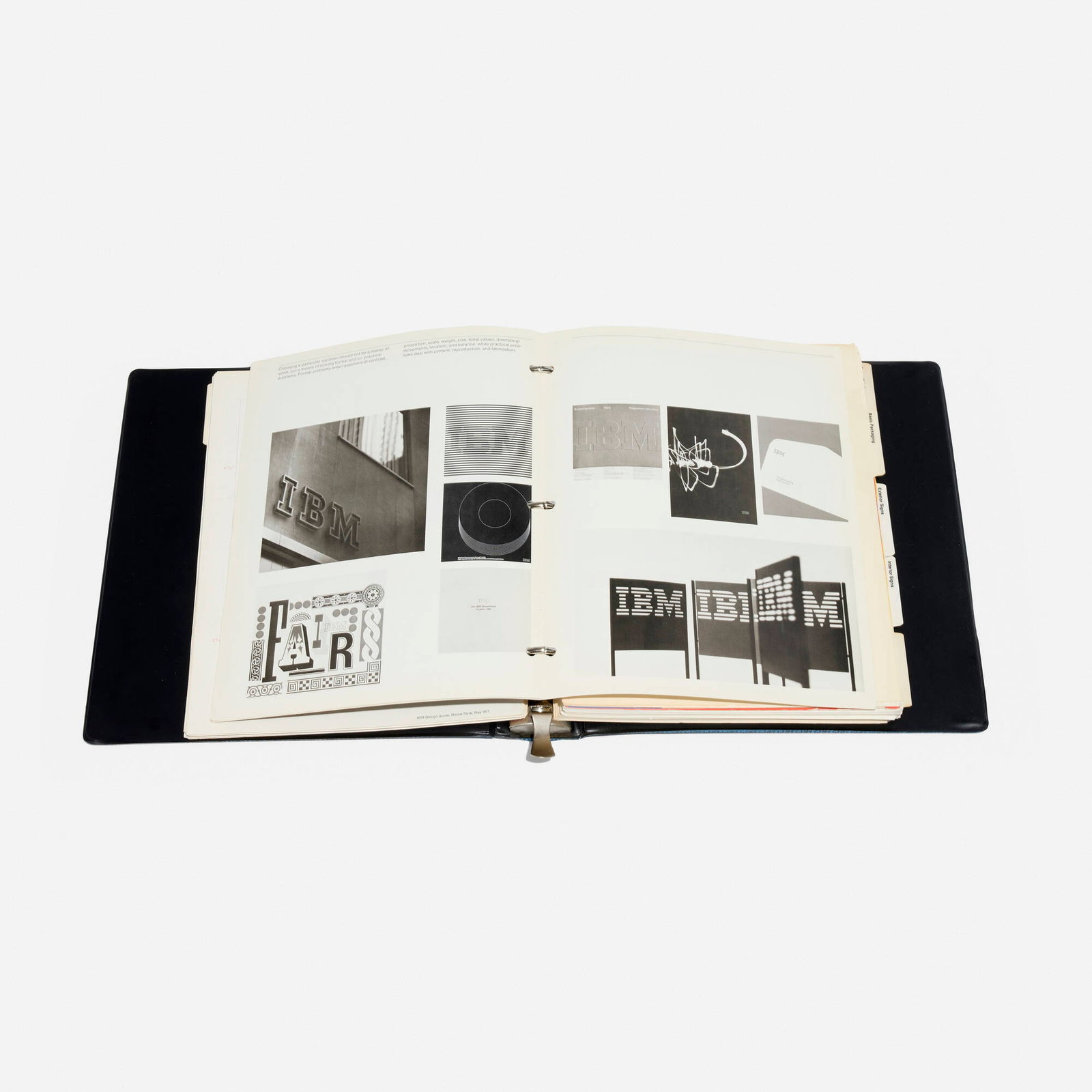 Paul Rand, IBM Graphic Design Guide binder: Paul Rand IBM Graphic Design Guide binder USA, 1969-1992 printed folder with printed paper sheets 11.5 h x 10.5 w x 2 d in (29 x 27 x 5 cm) Binder details how IBM graphic designers should implement