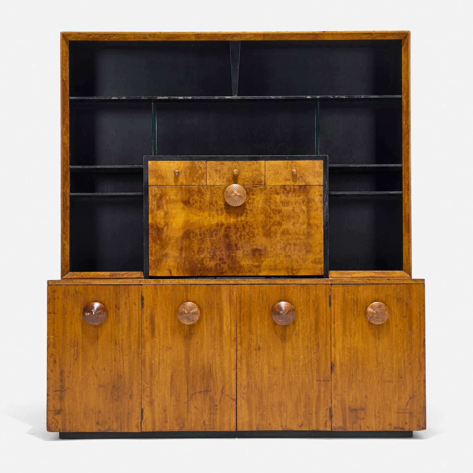 Gilbert Rohde, Paldao Group secretary cabinet, model 4105: Gilbert Rohde Paldao Group secretary cabinet, model 4105 Herman Miller USA, 1941 paldao, walnut burl, lacquered wood, glass 72 h x 66 w x 16.5 d in (183 x 168 x 42 cm) Cabinet features eight shelves,