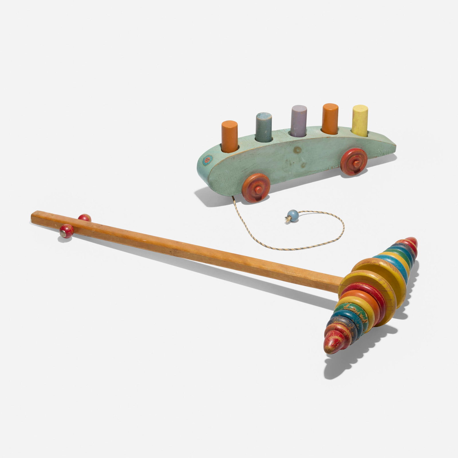 Holgate Toys and F.D. Peters & Co., Antique toys, set of two: Holgate Toys and F.D. Peters & Co. Antique toys, set of two USA, c. 1945-1955 painted wood, string ,aluminum 24 h x 13 w x 3.5 d in (61 x 33 x 9 cm) 14 h x 5.5 w x 3.25 d in (36 x 14 x 8 cm) Set is