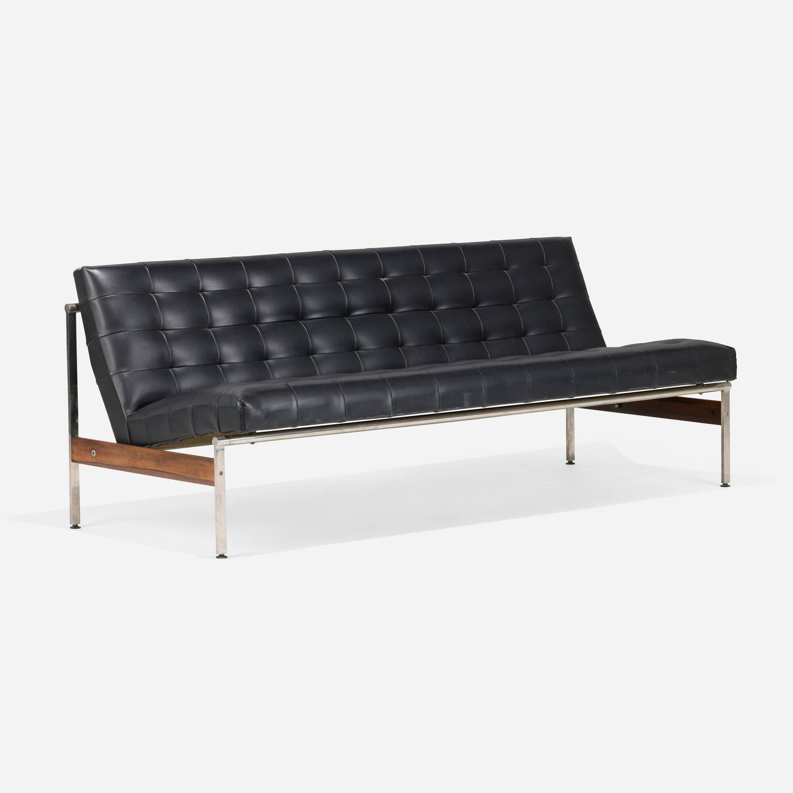 Glenn of California, Sofa, model 4021: Glenn of California Sofa, model 4021 USA, c. 1965 leather upholstery, polished stainless steel, aluminum, rosewood 28 h x 71.75 w x 28.5 d in (71 x 182 x 72 cm) This work will ship from Lambertville,