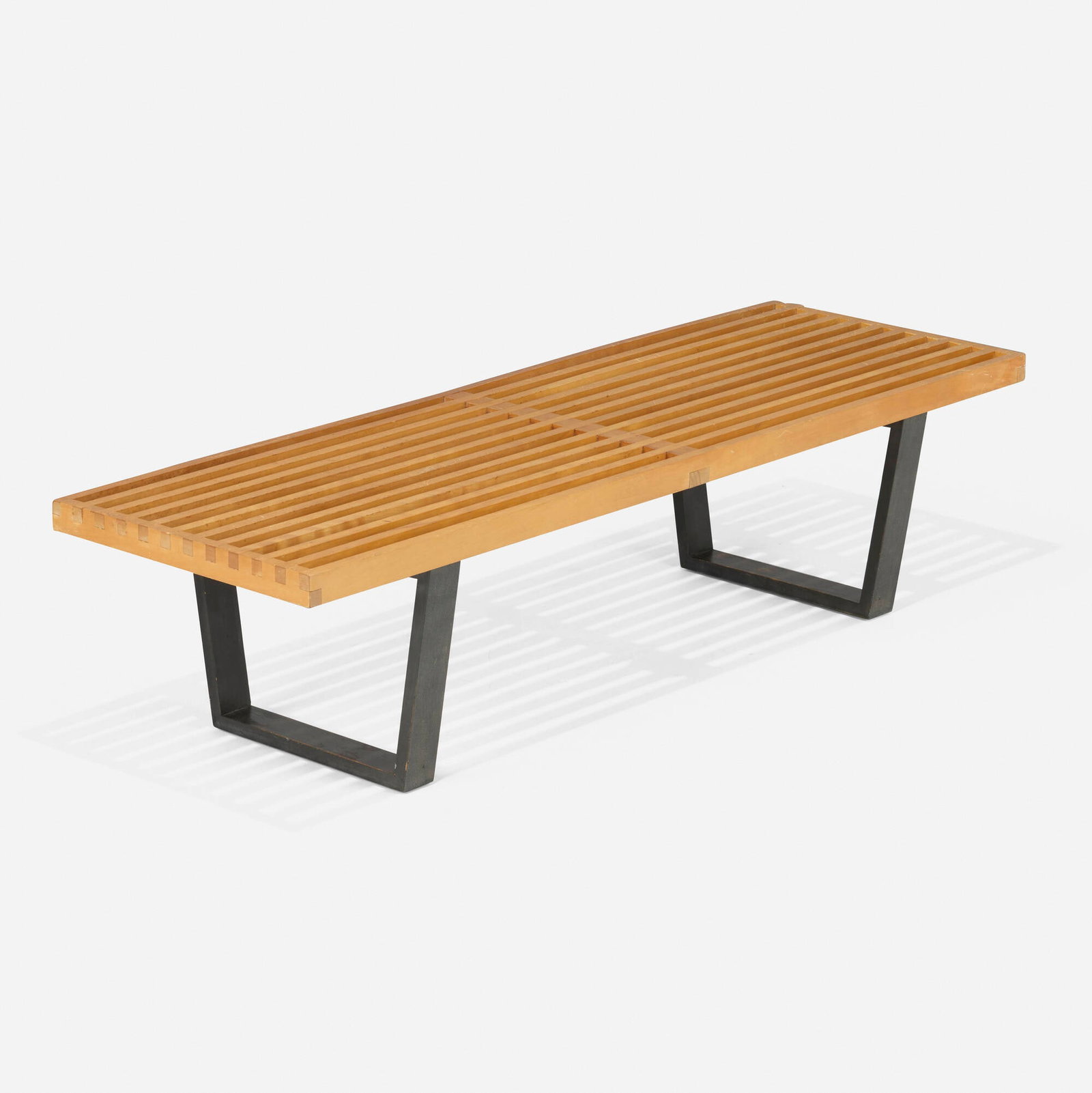 George Nelson & Associates, Slat bench, model 4690: George Nelson & Associates Slat bench, model 4690 Herman Miller USA, 1946 birch, lacquered wood 14 h x 56.5 w x 18.5 d in (36 x 144 x 47 cm) Paper shipping label to underside 'From The Herman