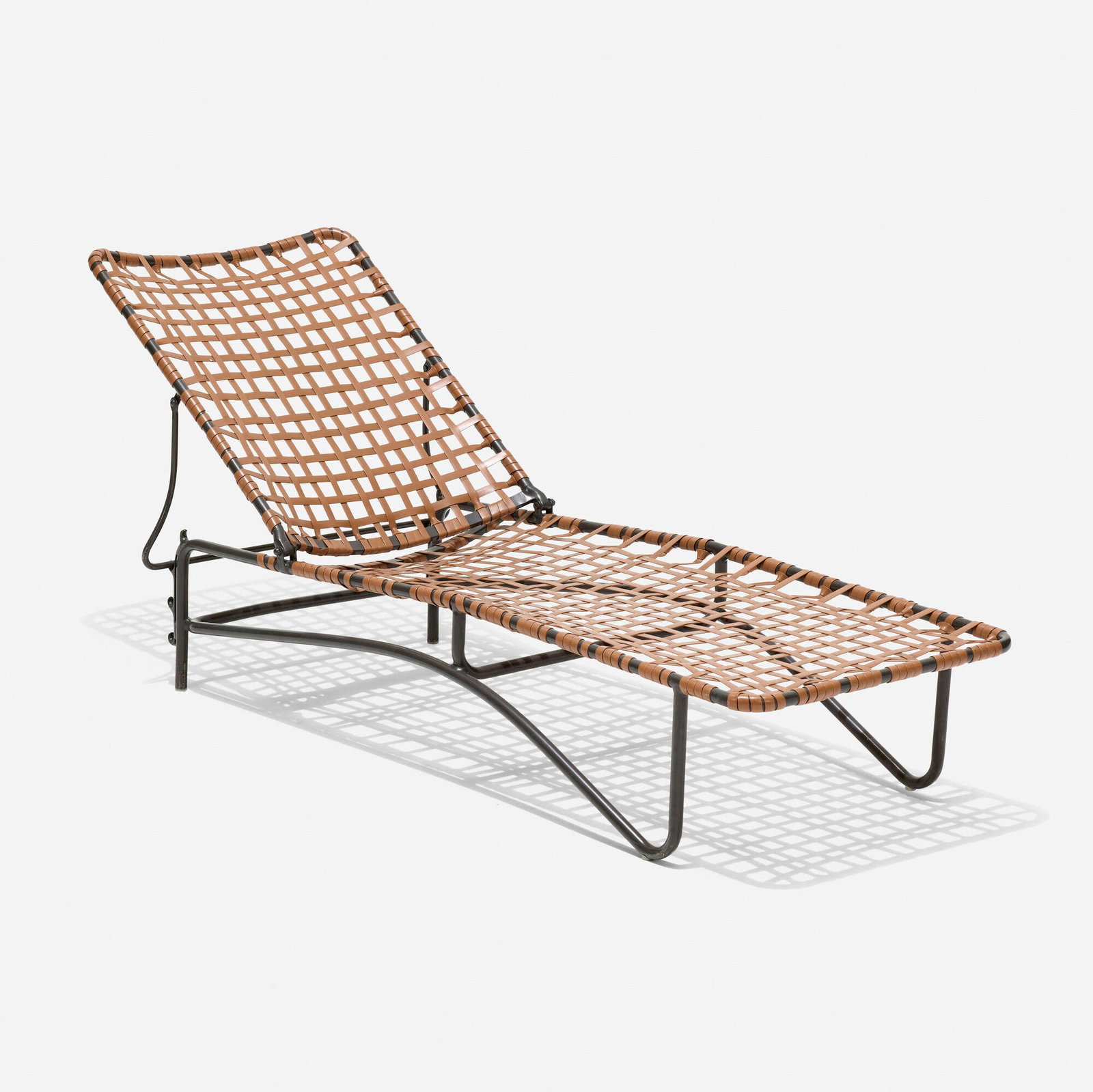 Tadao Inouye, Kantan outdoor chaise lounge: Tadao Inouye Kantan outdoor chaise lounge Brown Jordan Japan / USA, 1956 / c. 2000 enameled aluminum, vinyl 35 h x 38 w x 60 d in (89 x 97 x 152 cm) This work will ship from Los Angeles, California.