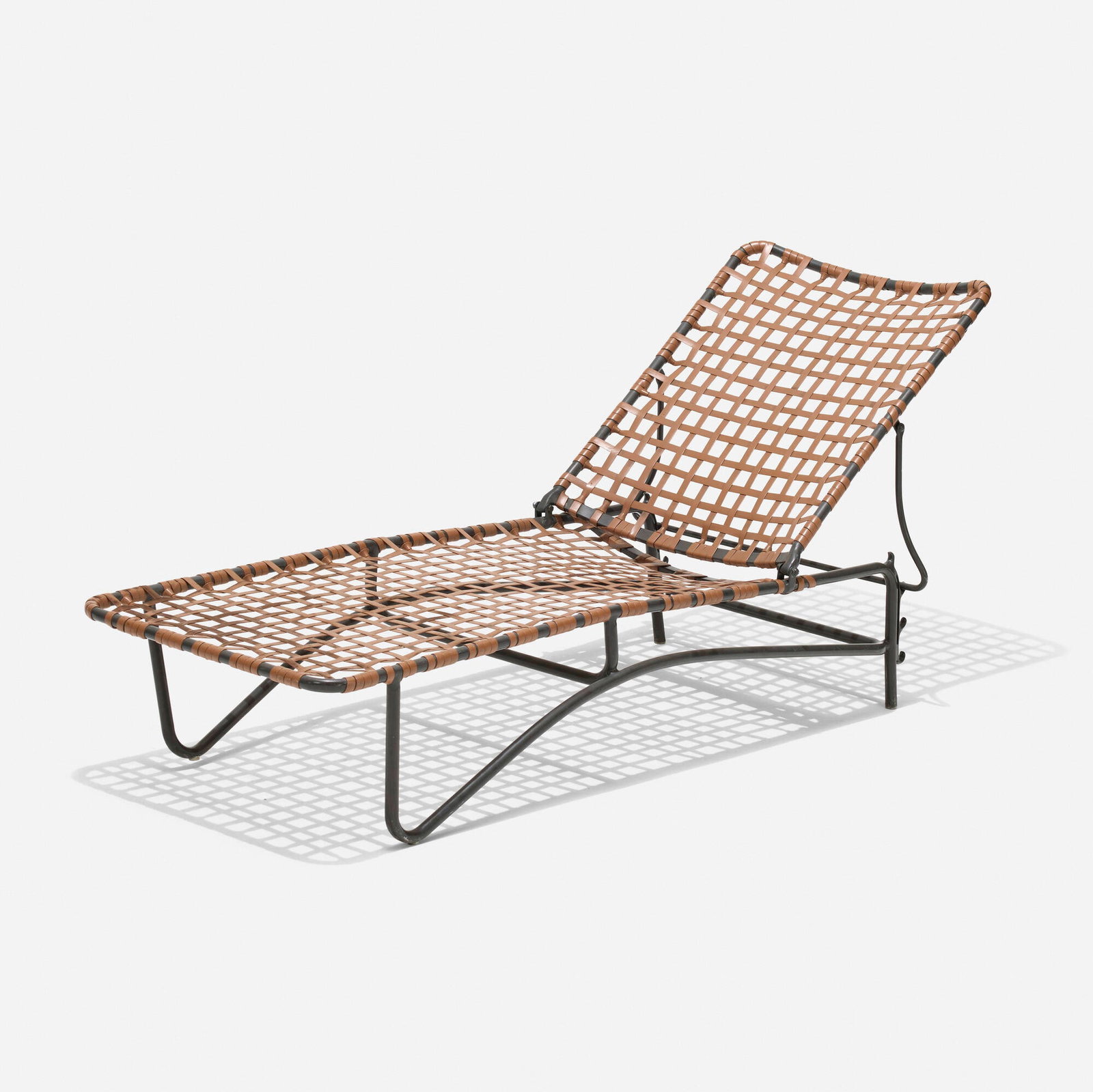 Tadao Inouye, Kantan outdoor chaise lounge: Tadao Inouye Kantan outdoor chaise lounge Brown Jordan Japan / USA, 1956 / c. 2000 enameled aluminum, vinyl 35 h x 38 w x 60 d in (89 x 97 x 152 cm) This work will ship from Los Angeles, California.