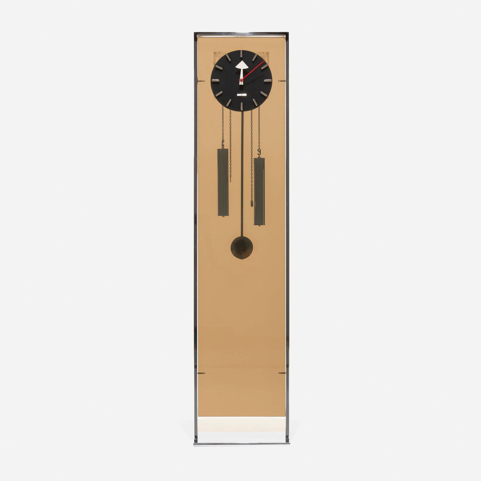 George Nelson & Associates, Grandfather clock: George Nelson & Associates Grandfather clock Howard Miller Clock Company USA, c. 1970 chrome-plated steel, acrylic 56 h x 13 w x 10 d in (142 x 33 x 25 cm) Metal manufacturer's label to face 