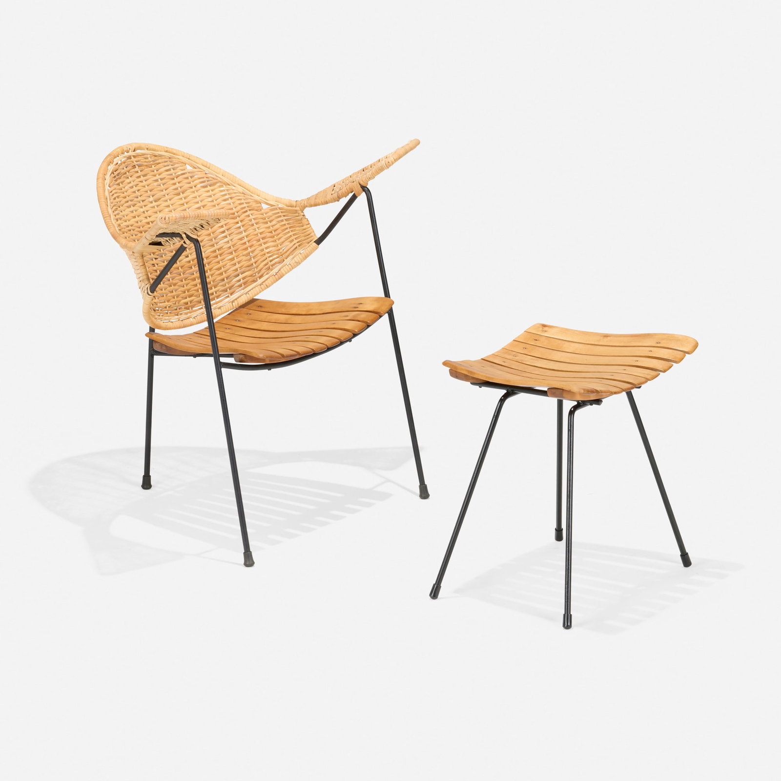 Arthur Umanoff, Armchair model SH-202 and ottoman: Arthur Umanoff Armchair model SH-202 and ottoman Shaver Howard USA, c. 1955 maple, caning, lacquered steel chair: 29.25 h x 33.25 w x 21.5 d in (74 x 84 x 55 cm) ottoman: 17.5 h x 17.5 w x 14.25 d in
