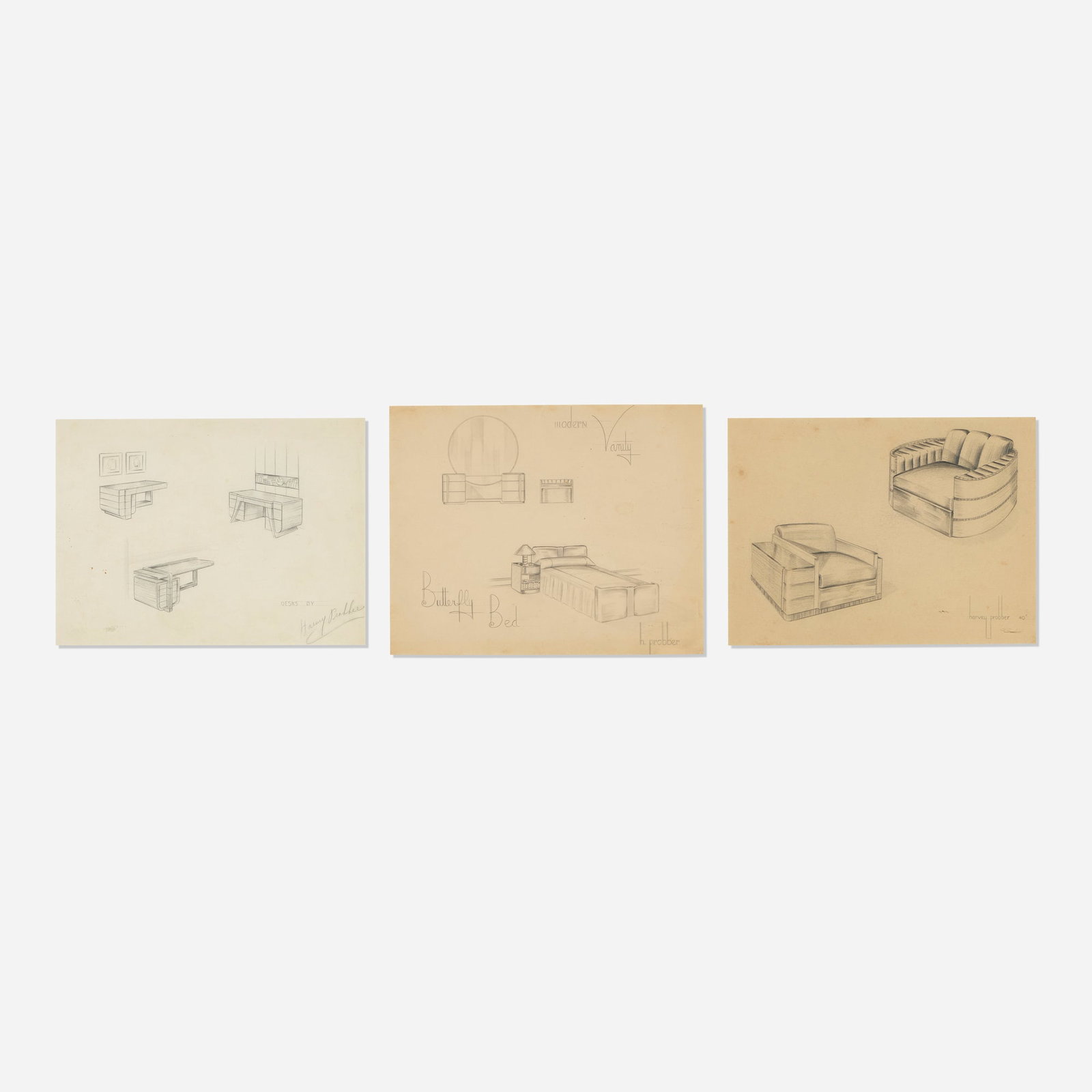 Harvey Probber, Furniture design sketches (three works): Harvey Probber Furniture design sketches (three works) c. 1940 graphite on paper sight (largest): 10.75 h x 13.5 w in (27 x 34 cm) sight (smallest): 10 h x 13.5 w in (25 x 34 cm) Signed to lower