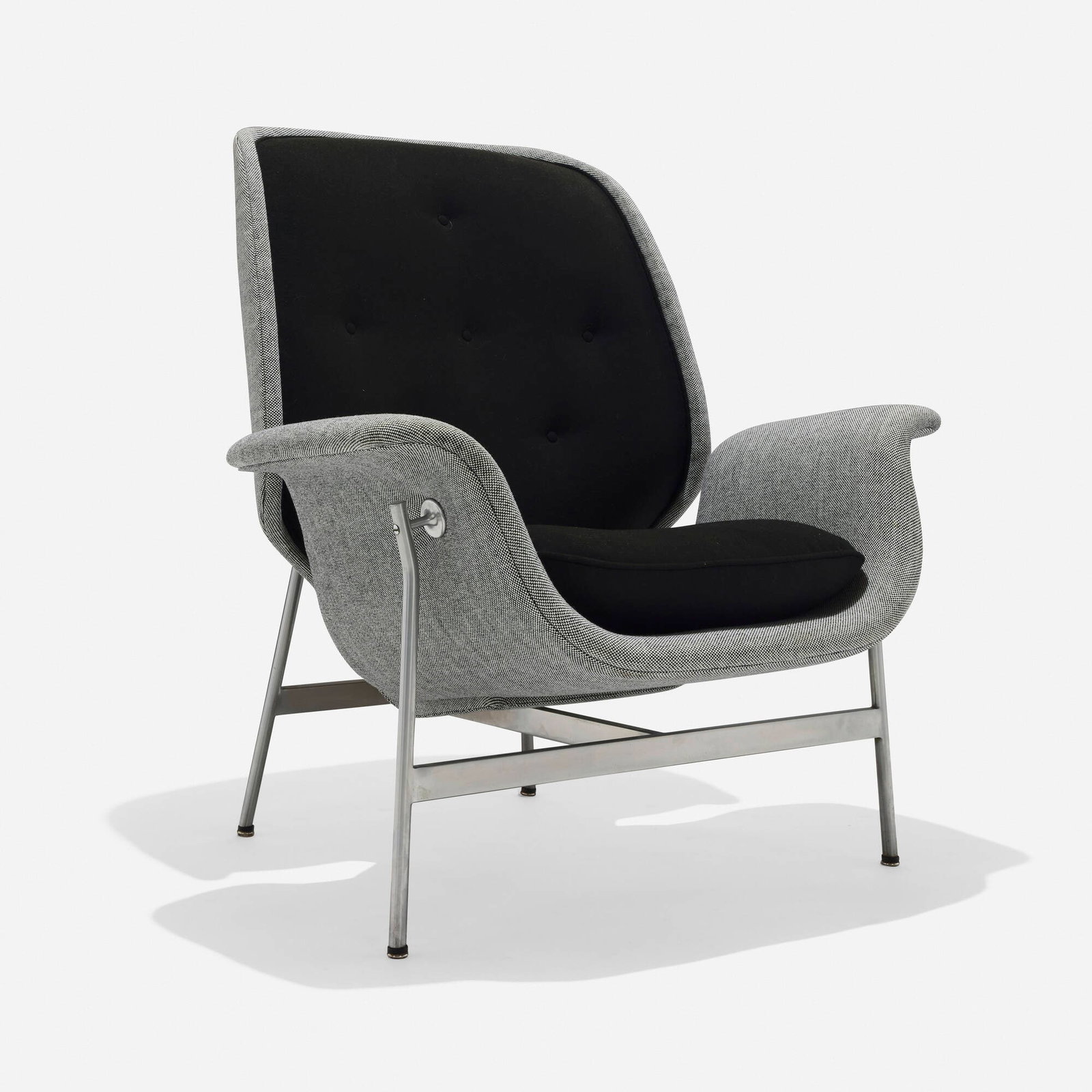 George Nelson & Associates, Kangaroo chair: George Nelson & Associates Kangaroo chair Herman Miller USA, 1955 upholstery, matte chrome-plated steel 40 h x 37 w x 32 d x 17 dia in (102 x 94 x 81 x 43 cm) Provenance: Collection of Normand