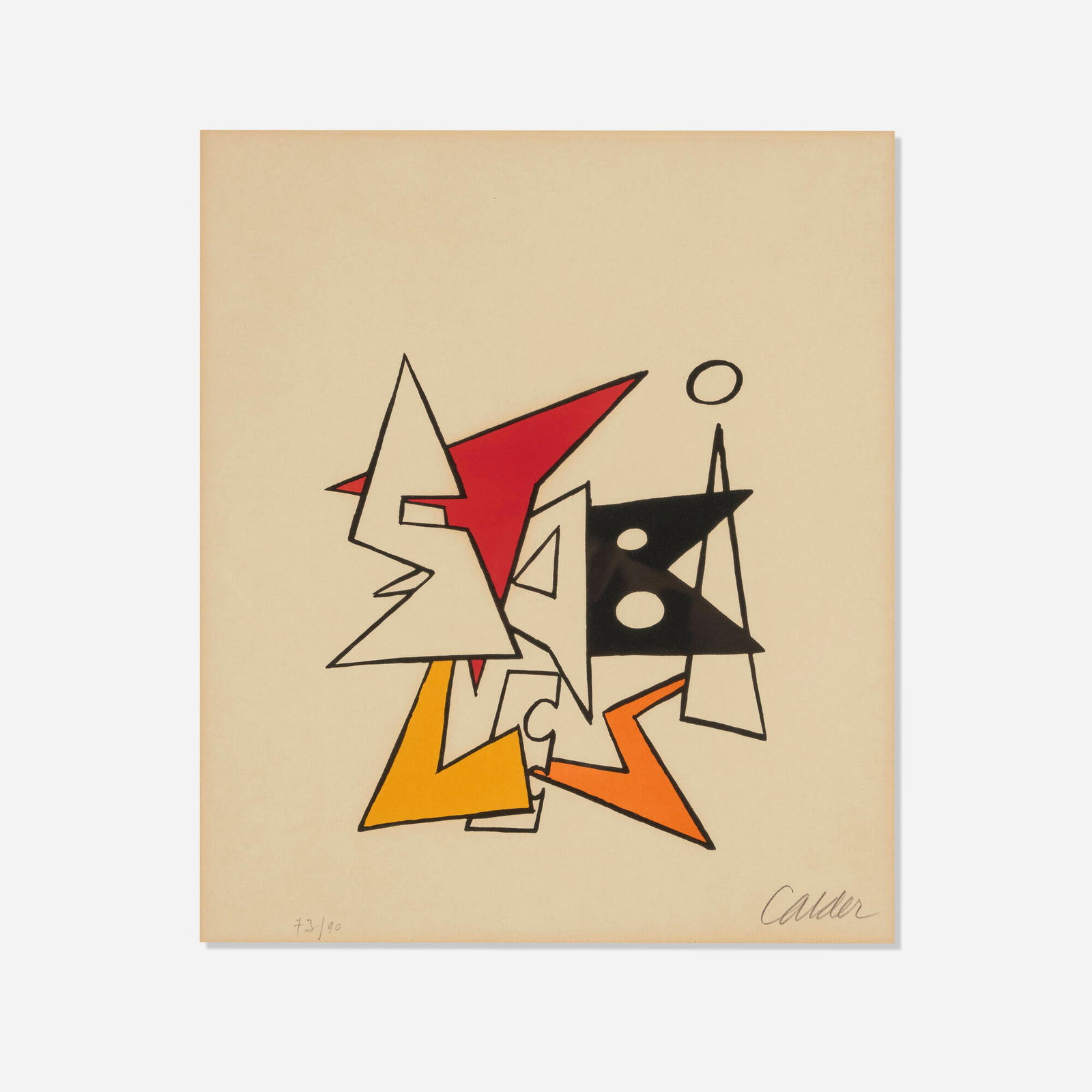 Alexander Calder, Petit Stabile (from Derriere le Miroir No. 141): Alexander Calder Petit Stabile (from Derriere le Miroir No. 141) 1963 lithograph in colors on BFK Rives sight: 18 h x 15.375 w in (46 x 39 cm) Signed and dated to lower edge '73/90 Calder'.