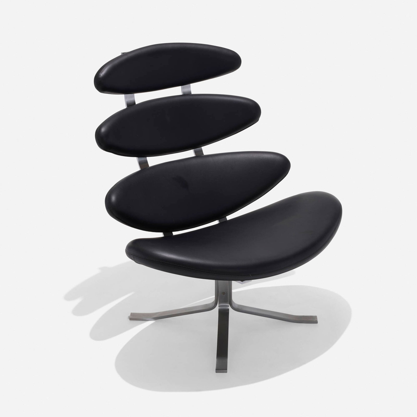 Poul Volther, Corona chair: Poul Volther Corona chair Erik Jorgensen Denmark, 1961 / c. 1990 leather, stainless steel 38 h x 34 w x 27 d in (97 x 86 x 69 cm) Provenance: Collection of Normand Mainville Literature: Sourcebook
