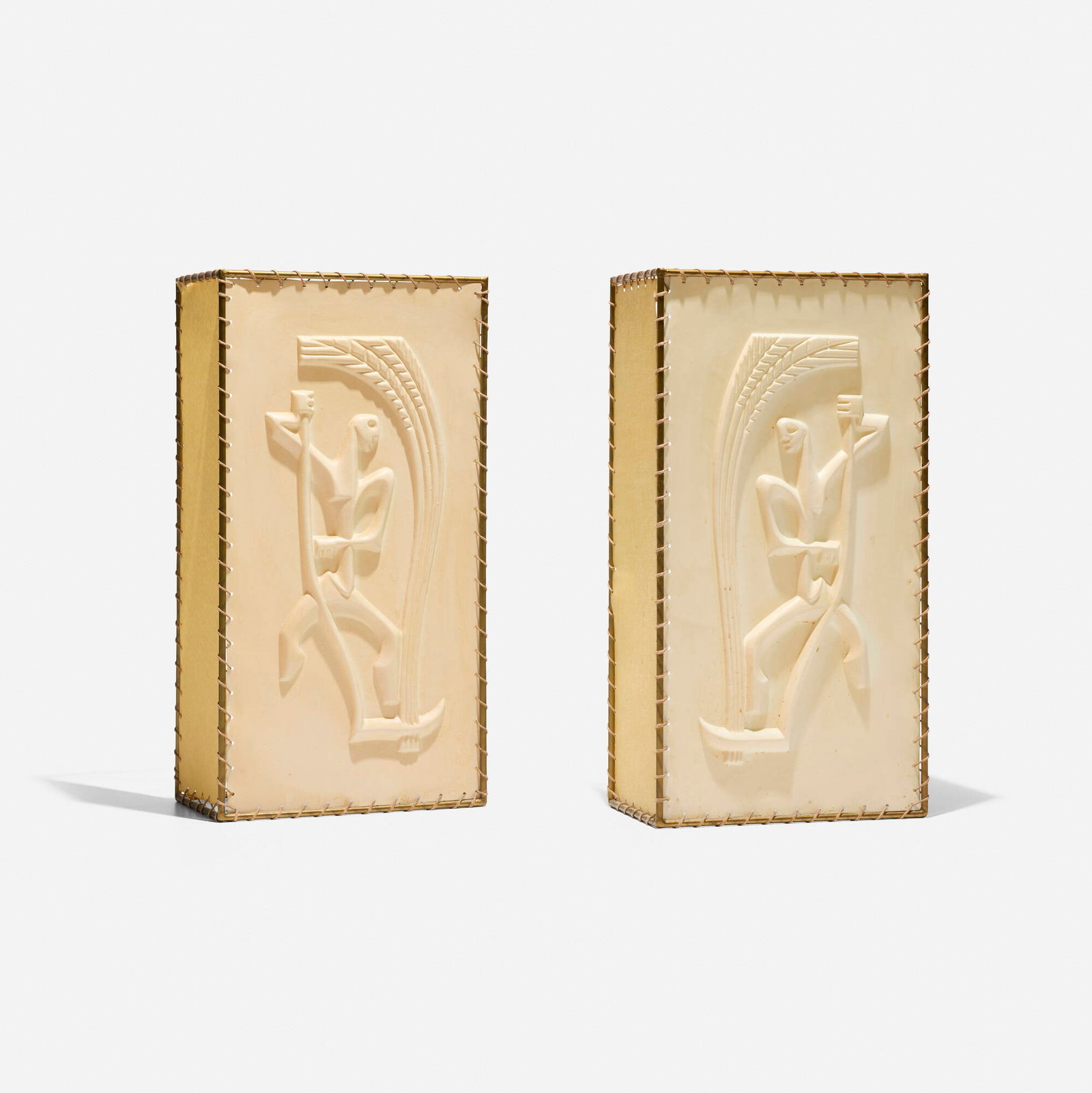 Frederic Weinberg, Sconce shades, pair: Frederic Weinberg Sconce shades, pair USA, c. 1955 parchment, molded plastic, nickel-plated brass and steel, frosted glass 20 h x 10.5 w x 6 d in (51 x 27 x 15 cm) Sold with a pair of associated