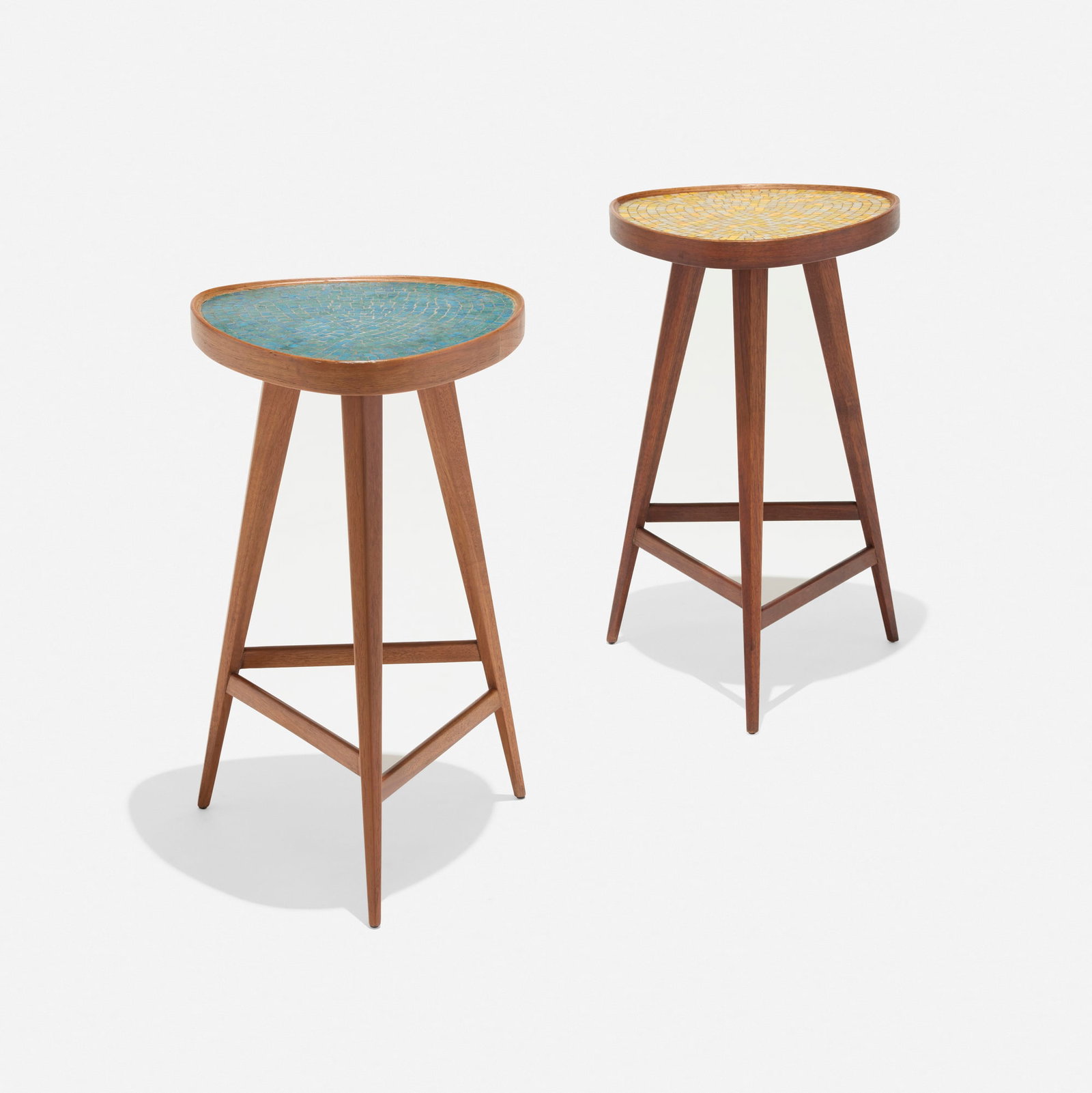 Edward Wormley, Occasional tables, set of two: Edward Wormley Occasional tables, set of two Dunbar USA, c. 1960 mahogany, glass tiles 21.75 h x 12.75 w x 12.75 d in (55 x 32 x 32 cm) Brass manufacturer's label to underside of each example �