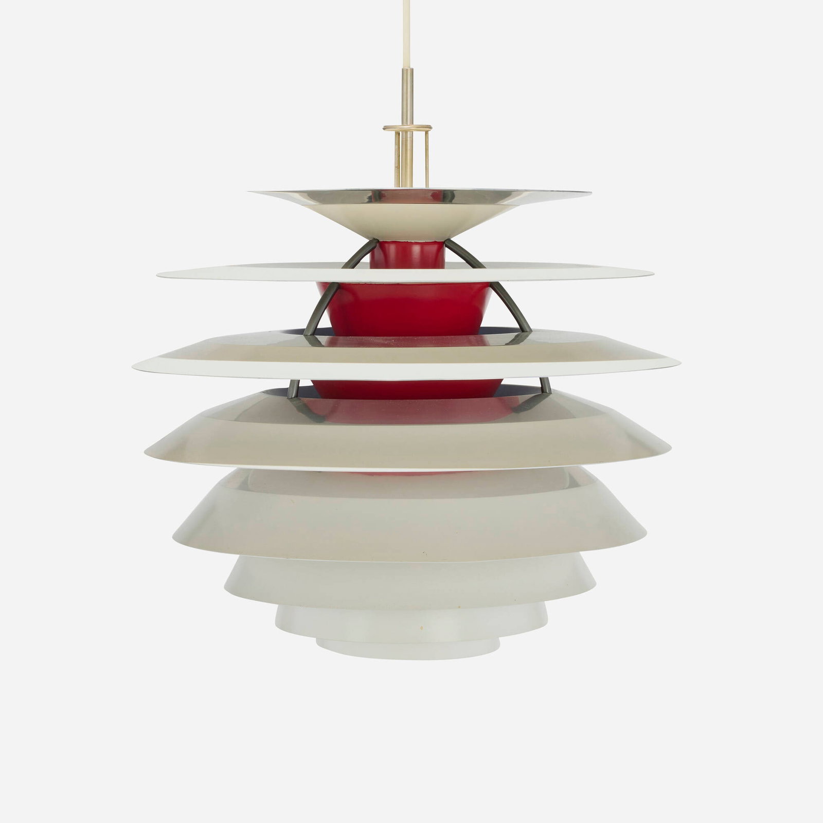 Poul Henningsen, PH pendant lamp: Poul Henningsen PH pendant lamp Louis Poulsen Denmark, 1958-1962 / c. 1970 lacquered aluminum 16 h x 17.25 dia in (41 x 44 cm) Decal manufacturer's label to socket 'Louis Poulson & Co A/S