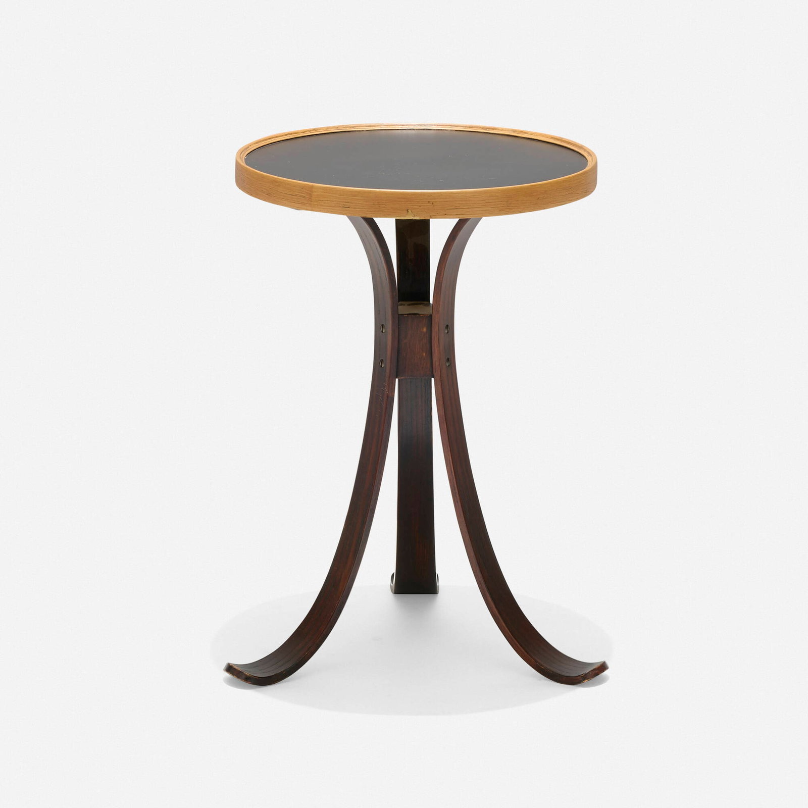Edward Wormley, Occasional table: Edward Wormley Occasional table Dunbar USA, c. 1962 laminate, walnut, ash 18.5 h x 13 dia in (47 x 33 cm) Metal manufacturer's label to underside 'Dunbar Berne Indiana'. Prove