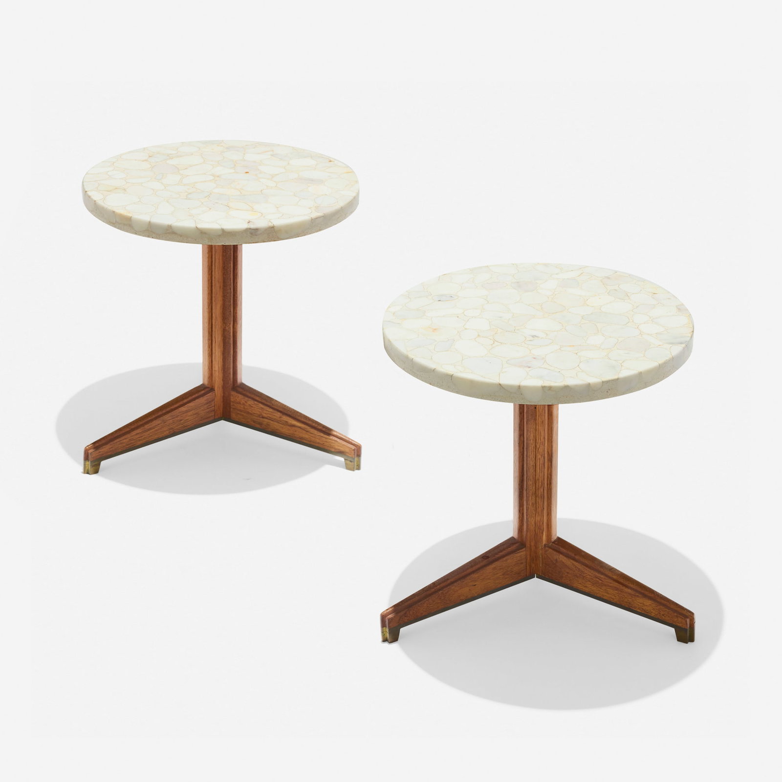 Edward Wormley, Terrazzo occasional tables model 5928A, pair: Edward Wormley Terrazzo occasional tables model 5928A, pair Dunbar USA, c. 1959 terrazzo, walnut, brass 16 h x 15 dia in (41 x 38 cm) Brass manufacturer's label to underside 'Dunbar Berne In