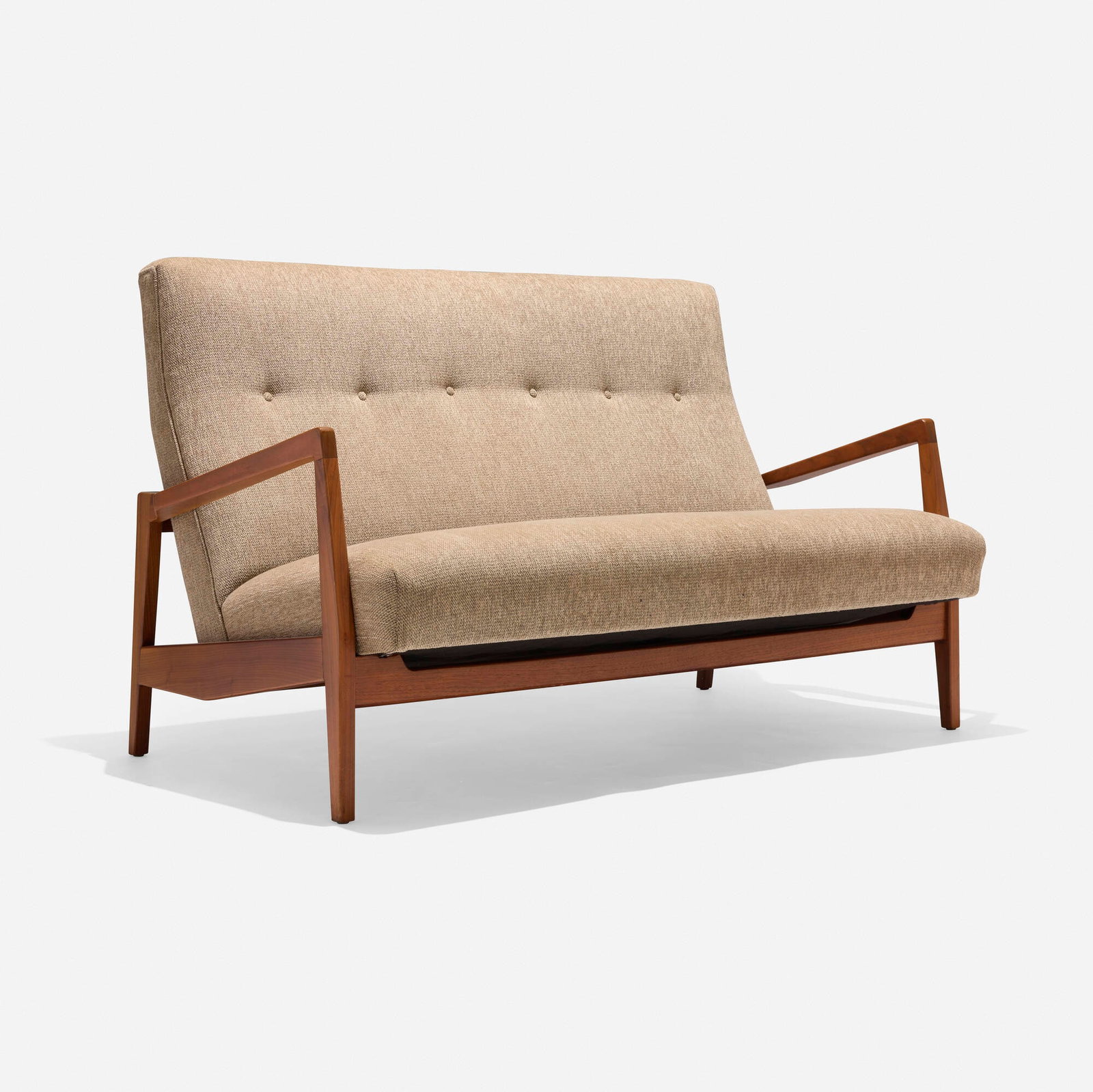 Jens Risom, attribution, Settee: Jens Risom, attribution Settee c. 1958 walnut, upholstery 32 h x 53 w x 27 d in (81 x 135 x 69 cm) Provenance: Collection of Normand Mainville This work will ship from Chicago, Illinois.