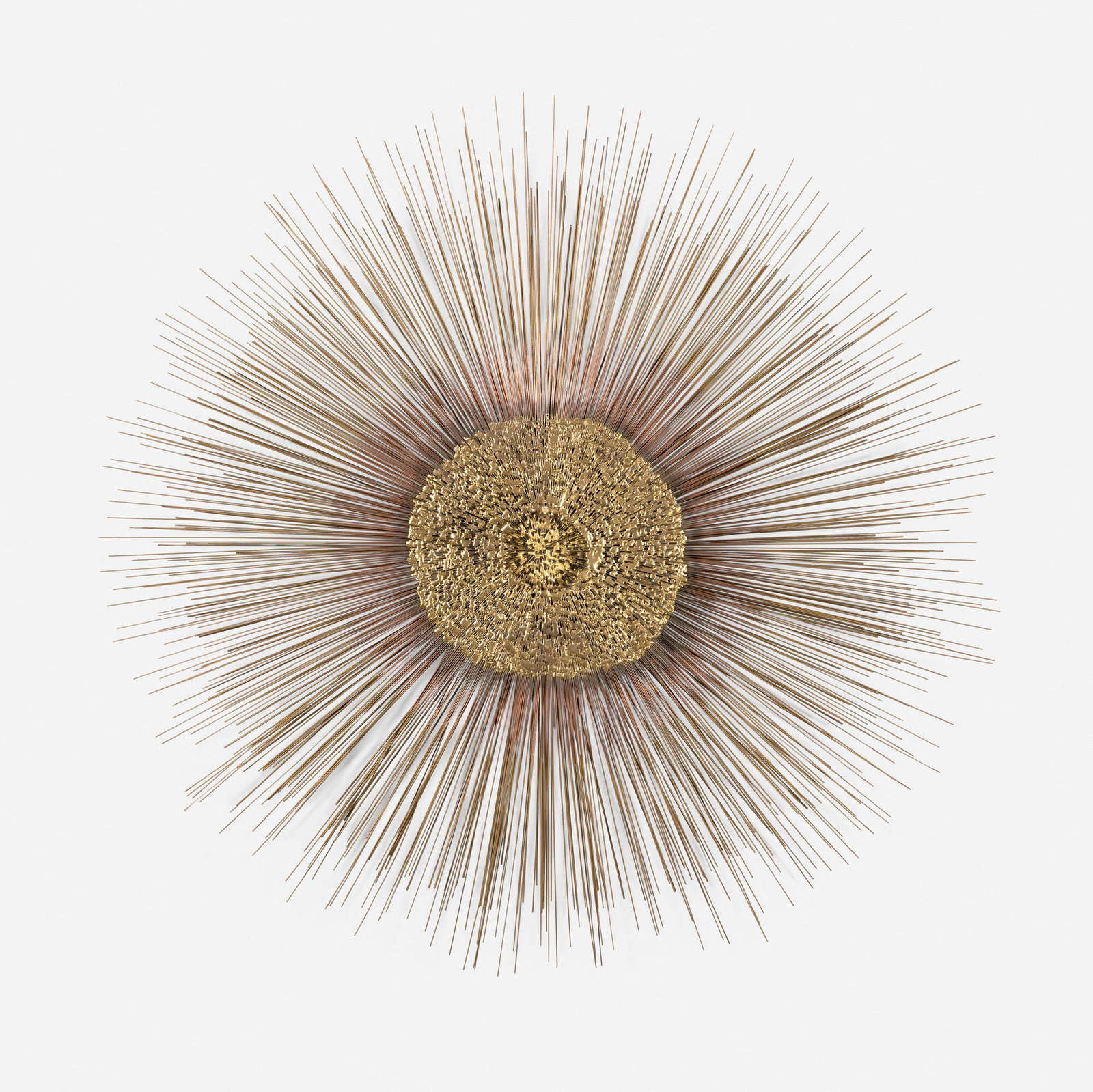 C. Jere, attribution, Sunburst wall sculpture: C. Jere, attribution Sunburst wall sculpture c. 1975 brass and copper-plated steel 3.5 d x 46 dia in (9 x 117 cm) Provenance: Collection of Normand Mainville This work will ship from Chicago,