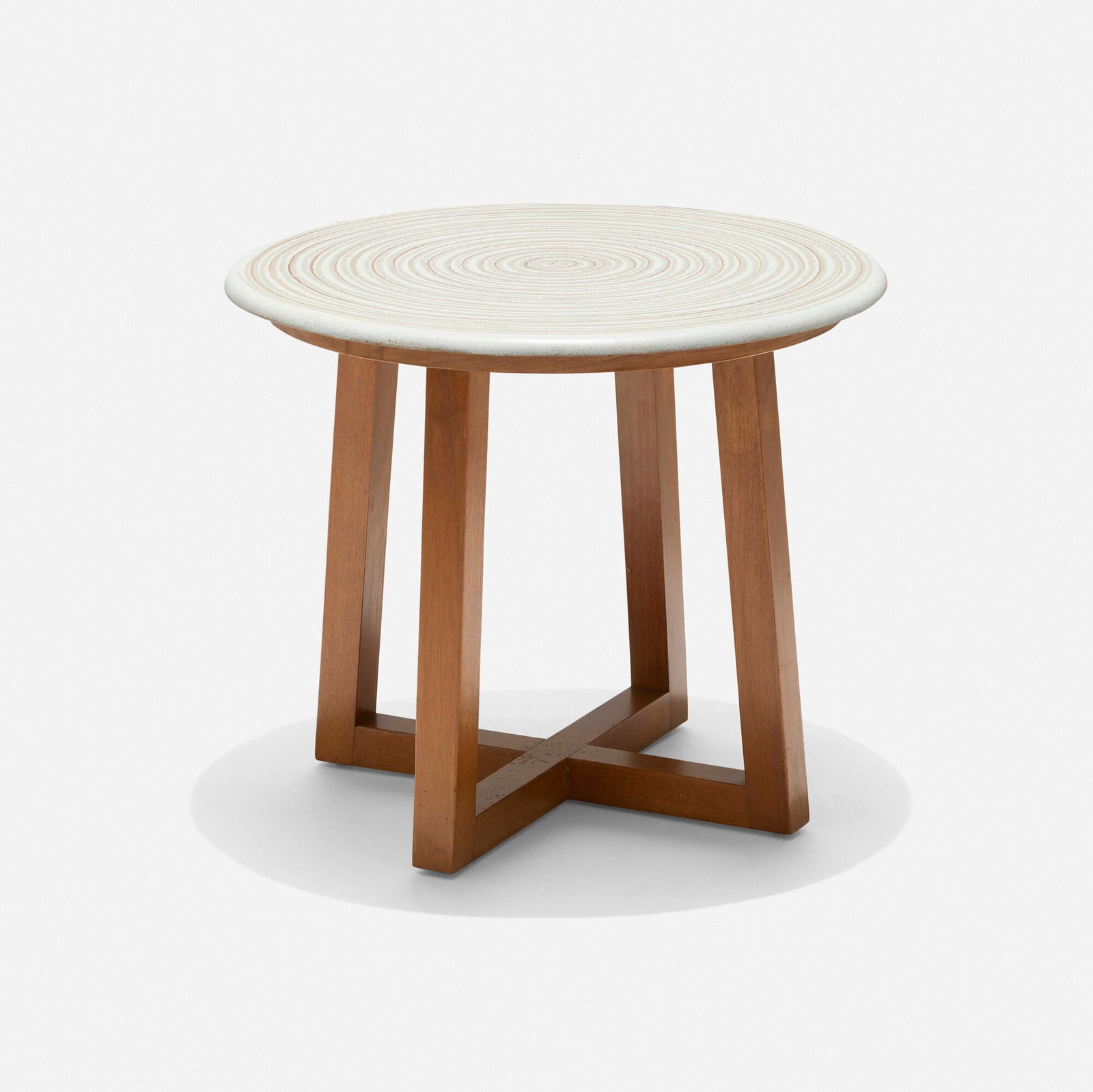 Modern, Occasional table: Modern Occasional table c. 1955 glazed stoneware, walnut 15.25 h x 18 dia in (39 x 46 cm) Provenance: Collection of Normand Mainville This work will ship from Chicago, Illinois.