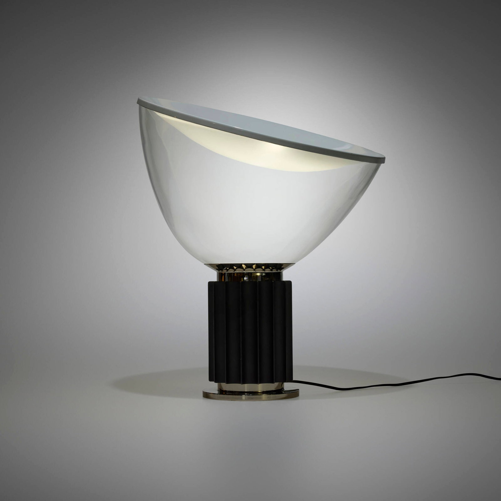 Achille & Pier Giacomo Castiglioni, Taccia small table lamp: Achille & Pier Giacomo Castiglioni Taccia small table lamp Flos Italy, 1962 / c. 1980 glass, enameled aluminum, stainless steel 20.5 h x 19.5 dia in (52 x 50 cm) Paper manufacturer's label to